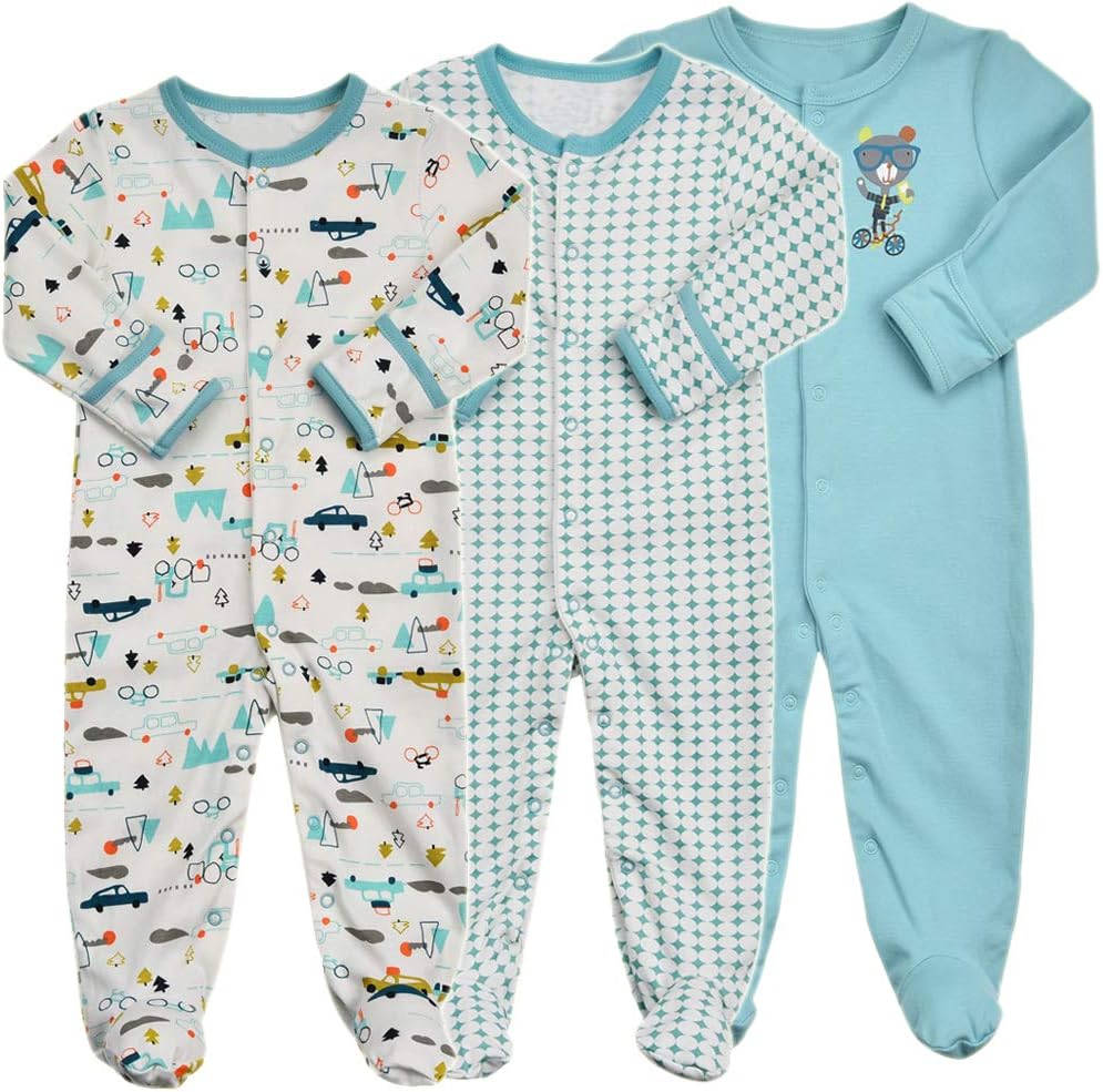 Aablexema Baby Footies Pajamas with Mittens - 3Pcs Infant Footed Sleeper Cotton Sleepwear Outfits (9-12M, Blue(Snap))