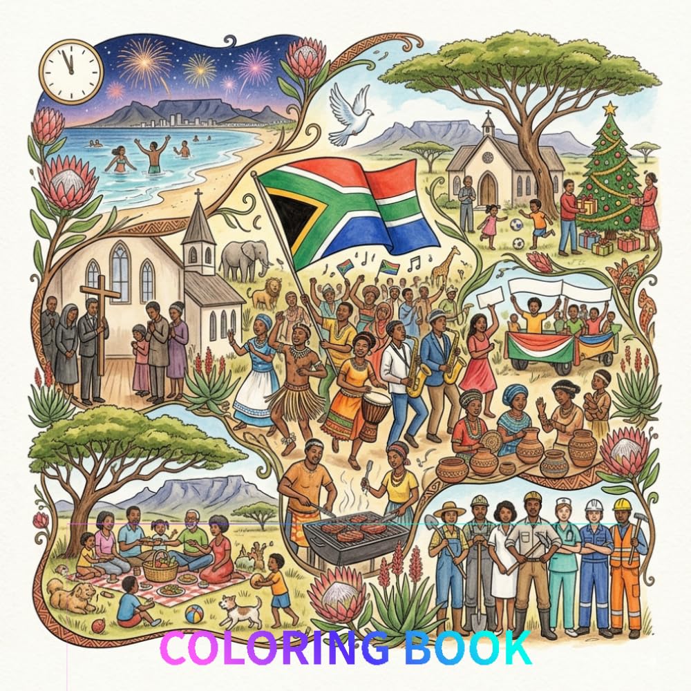 Beautifully hand-drawn coloring book that celebrates the rich diversity and vibrant spirit of the festivals of South Africa: A Cultural Coloring Book ... and National Celebrations for Kids and Adults