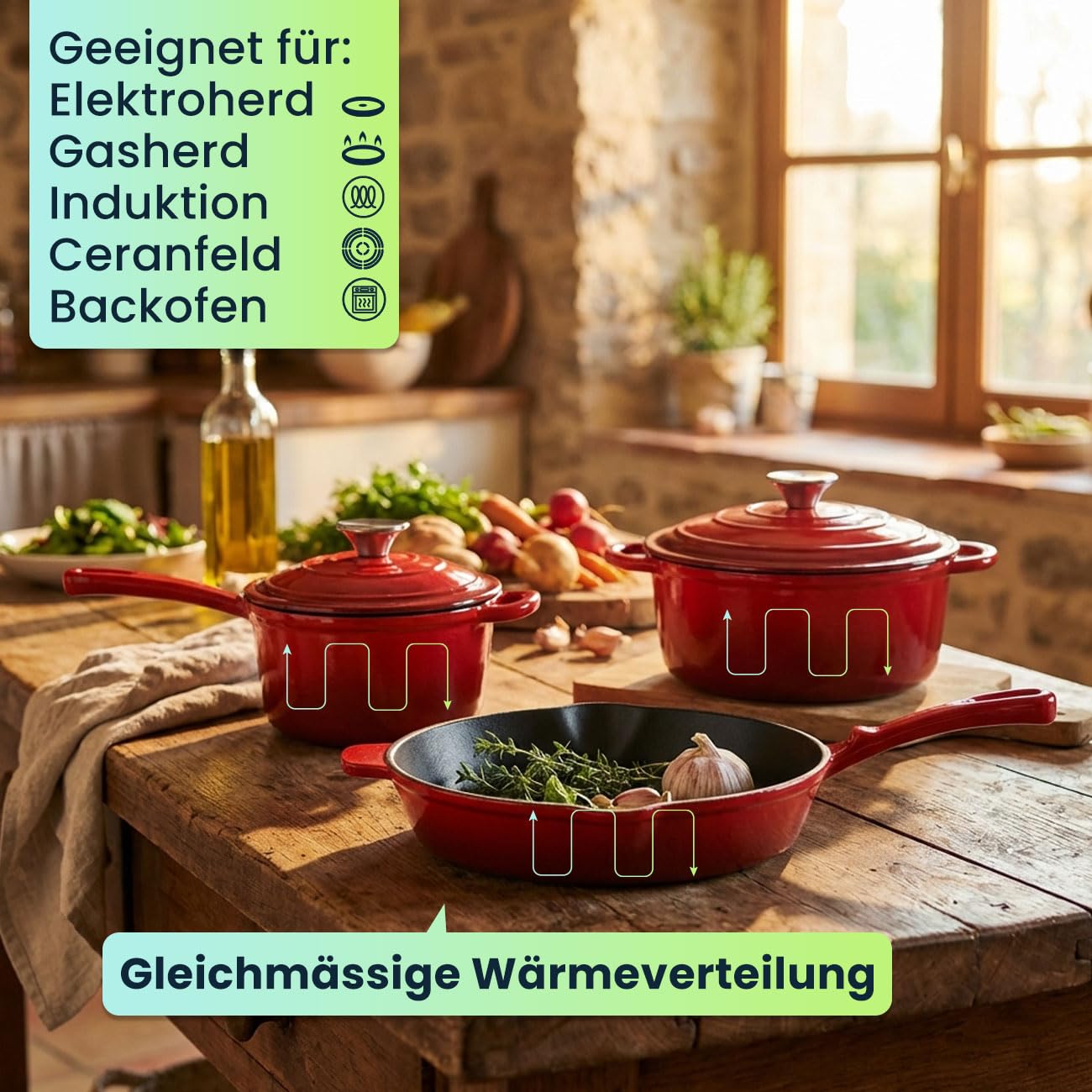 Gusseisen Topfset 3-teilig emailliert - Set aus Pfanne Kochtopf & Stielkasserolle - Für Induktion & Backofen - Profi Kochgeschirr Set - Langlebig & Robust - Alle Herdarten