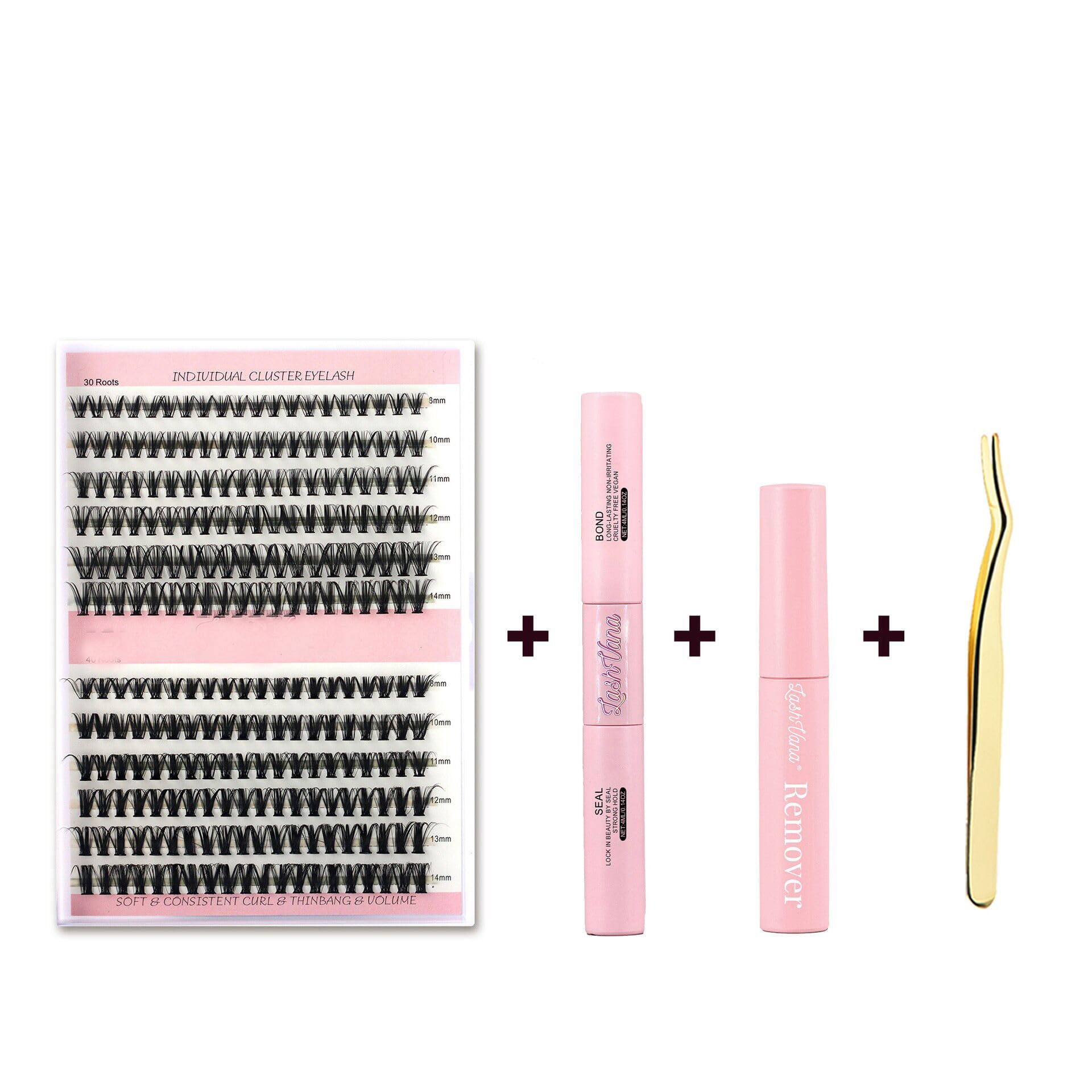 YXC Premium 10D/20D Cluster Eyelash Extensions 8-12mm with Bond & Seal Adhesives, Gentle Remover, and Precision Tweezers - Professional DIY Lash Kit for Natural, Long-Lasting Volume