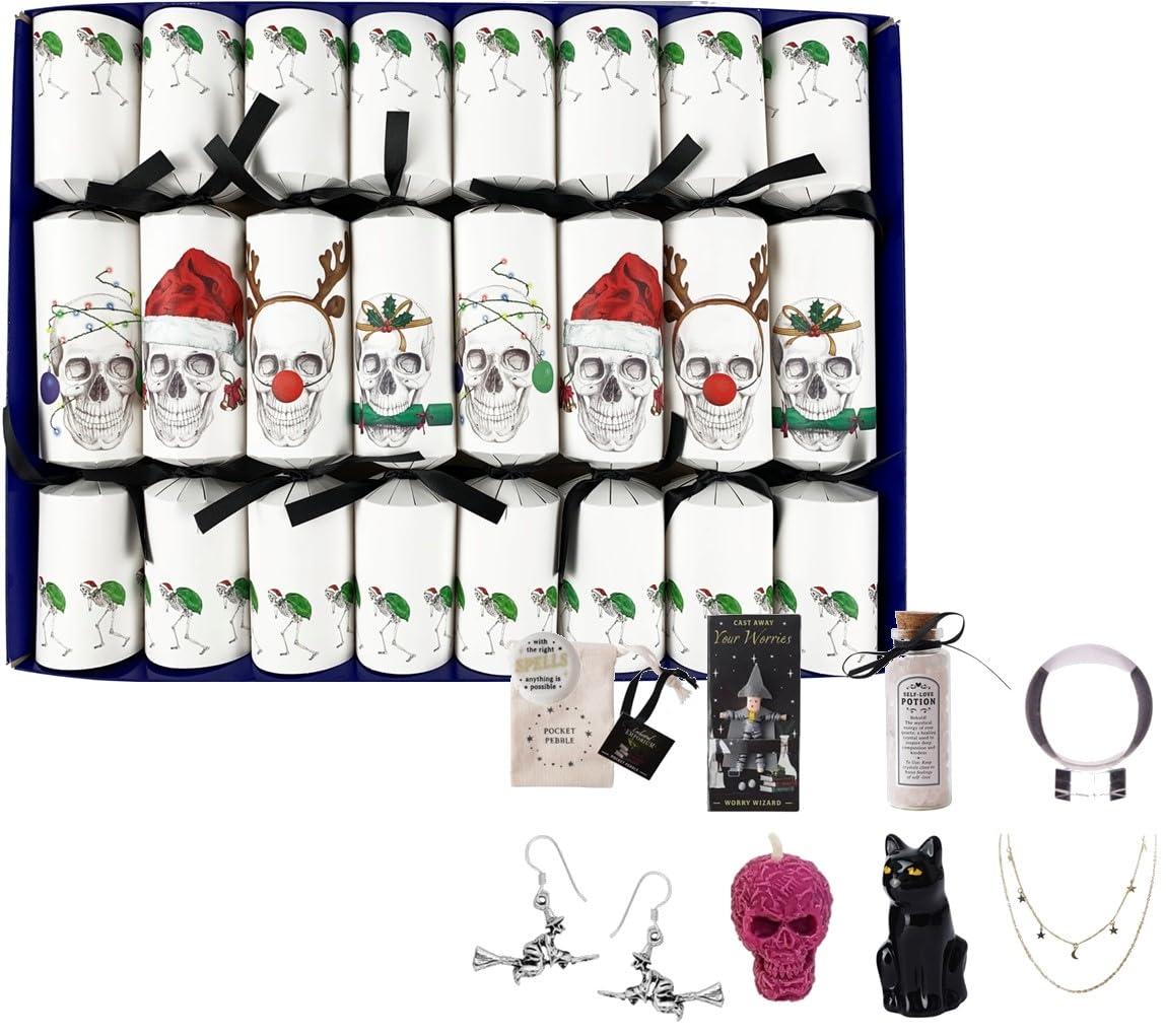 Crackers Ltd White Dark Side Of Christmas Crackers - Set Of 8 Christmas Skull Christmas Crackers - With Themed Gifts, Adjustable Hats And Badges