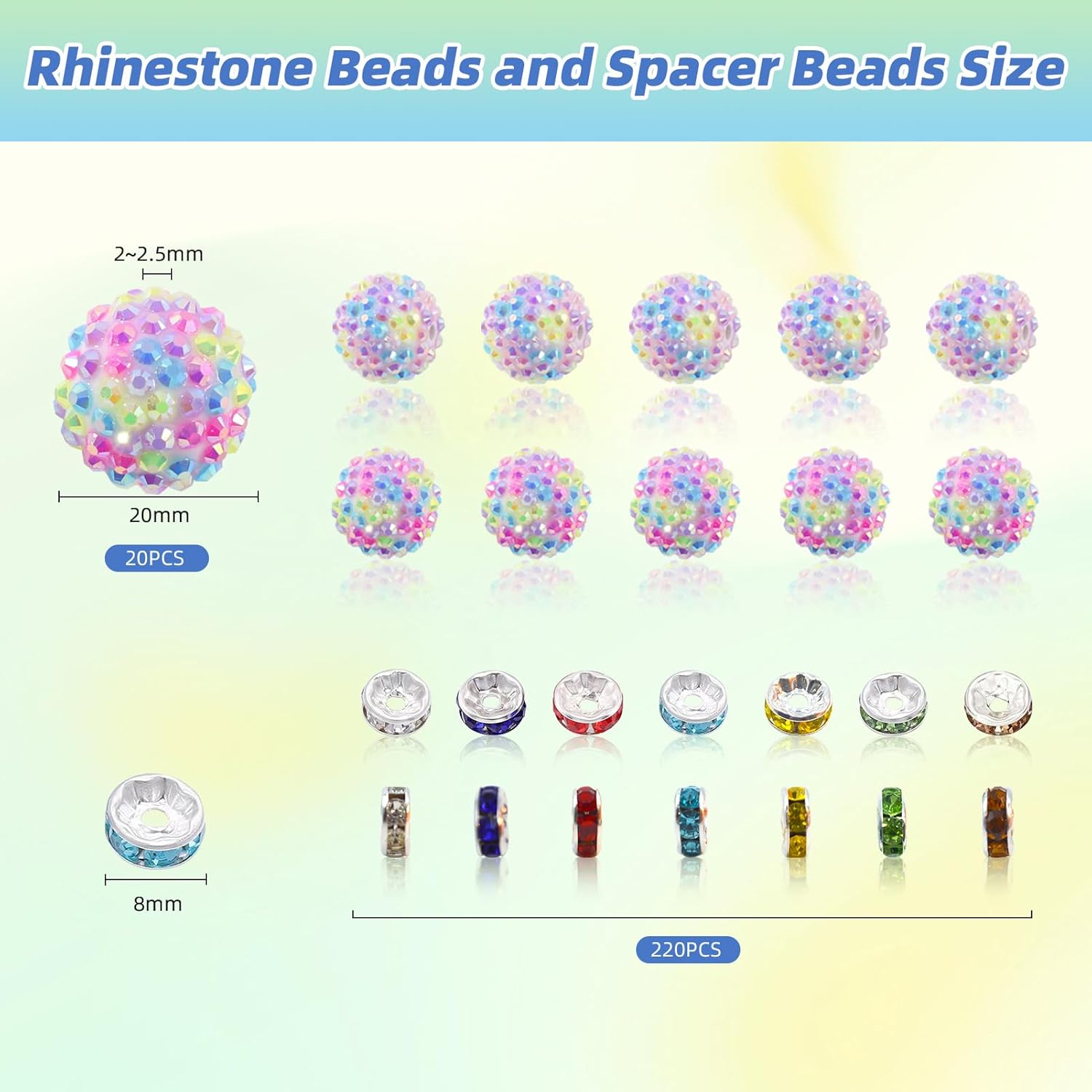 20mm Beads for Pens - 20 Pcs Rhinestone Beads and 220 Pcs Spacer Bead for Beadable Pens - Glitter Acrylic Bubblegum Round Bling Focal Bead for Bracelets - Beaded Pen Supplies (Mix) - Image 2