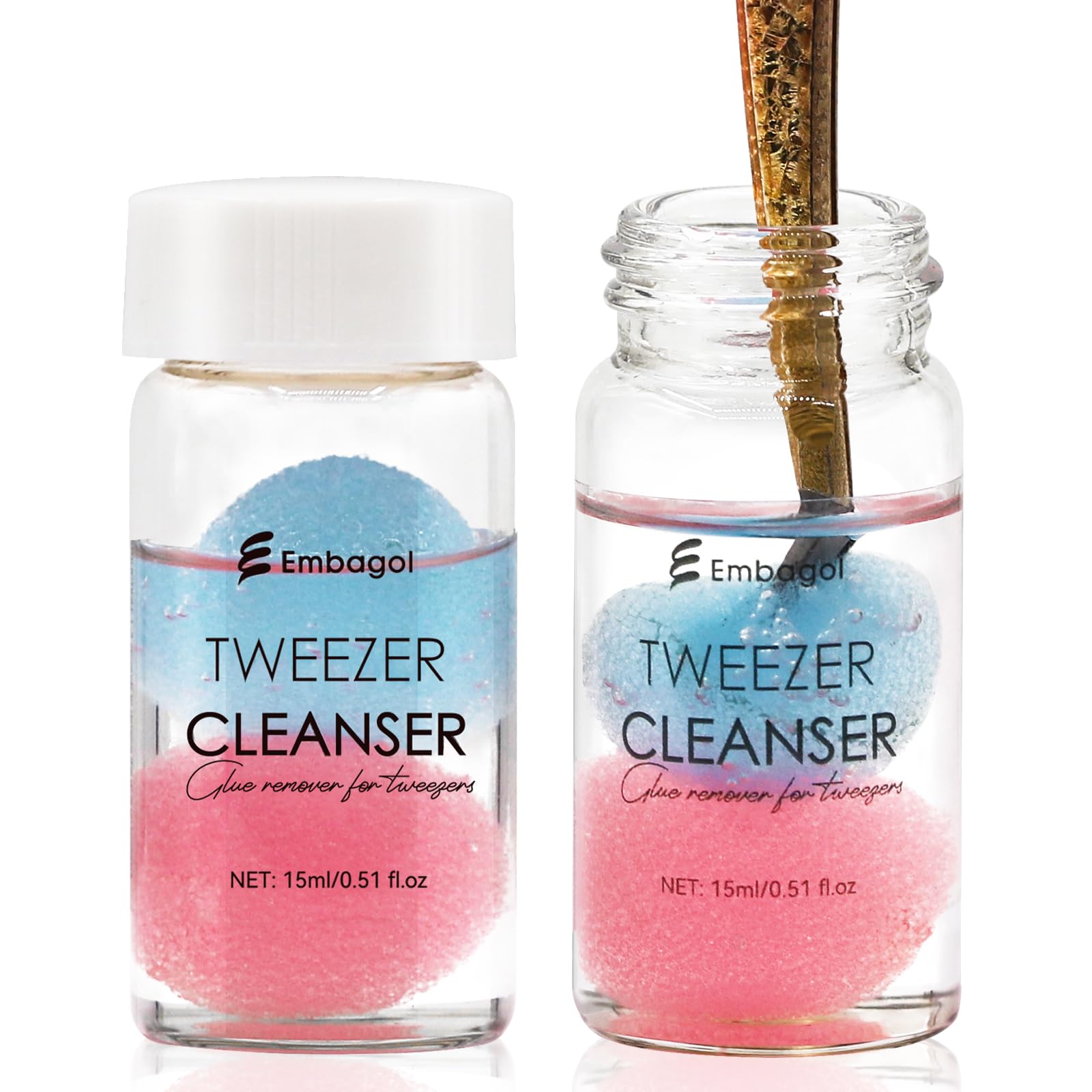 Embagol 2 Bottles Tweezer Cleanser for Eyelash Extensions Tweezers Glue Remover Liquid for Lash Tools with 2 Spongeballs(2 Bottles Cleanser)
