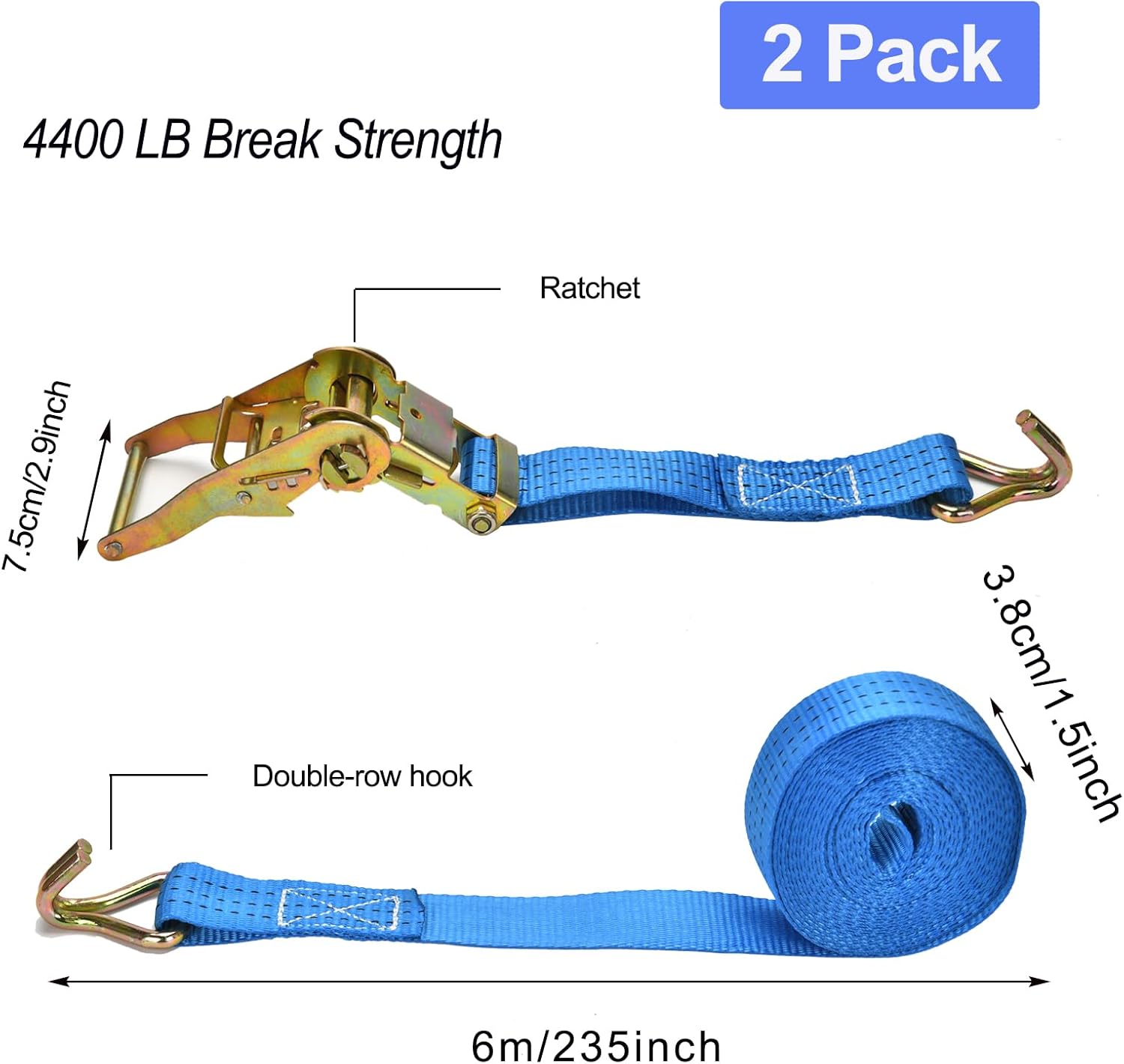 Ratchet Straps - 2 Pack 1.5 Inch Heavy Ratchet Duty Tie-Down Straps, Cargo Straps Ratcheting with Double J-Hook, 4400 LB Break Strength for Moving Cargo,Trucks,Trailer,Motorcycle,Kayaks,Car Roof(Blue) - Image 3