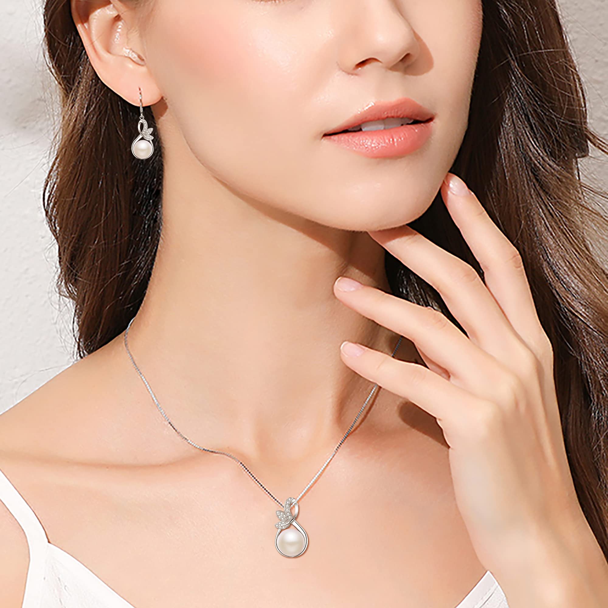 Mujer 925 de Plata Boda Nupcial Cúbica Zirconia Ivory Color Perla Cultivada de Agua Dulce Infinity Hoja Colgante Collar Hook Pendients Serie Claro