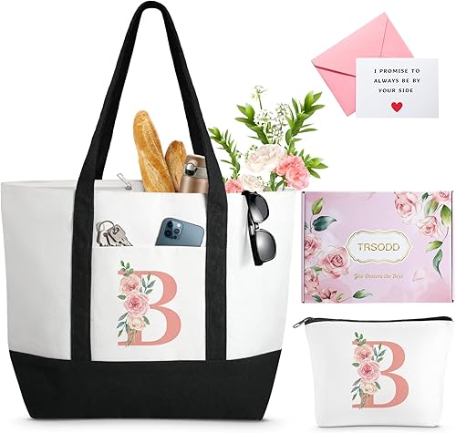 Miniatura 9 de Bolsa de playa grande con inicial floral con bolsa de maquillaje, bolsa de mano Can-vas para mujer, regalos personalizados para amigos de 50
