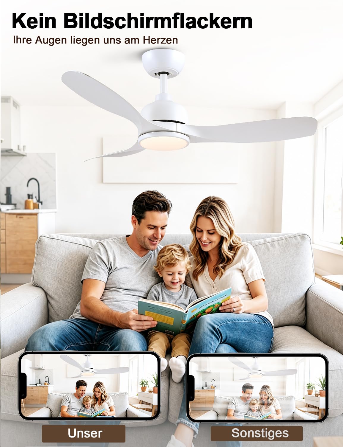 42-Zoll Weiß Deckenventilator mit Beleuchtung Outdoor Leise, Deckenventilator und Fernbedienung für den Außenbereich, Deckenventilator für Schlafzimmer und Wohnzimmer