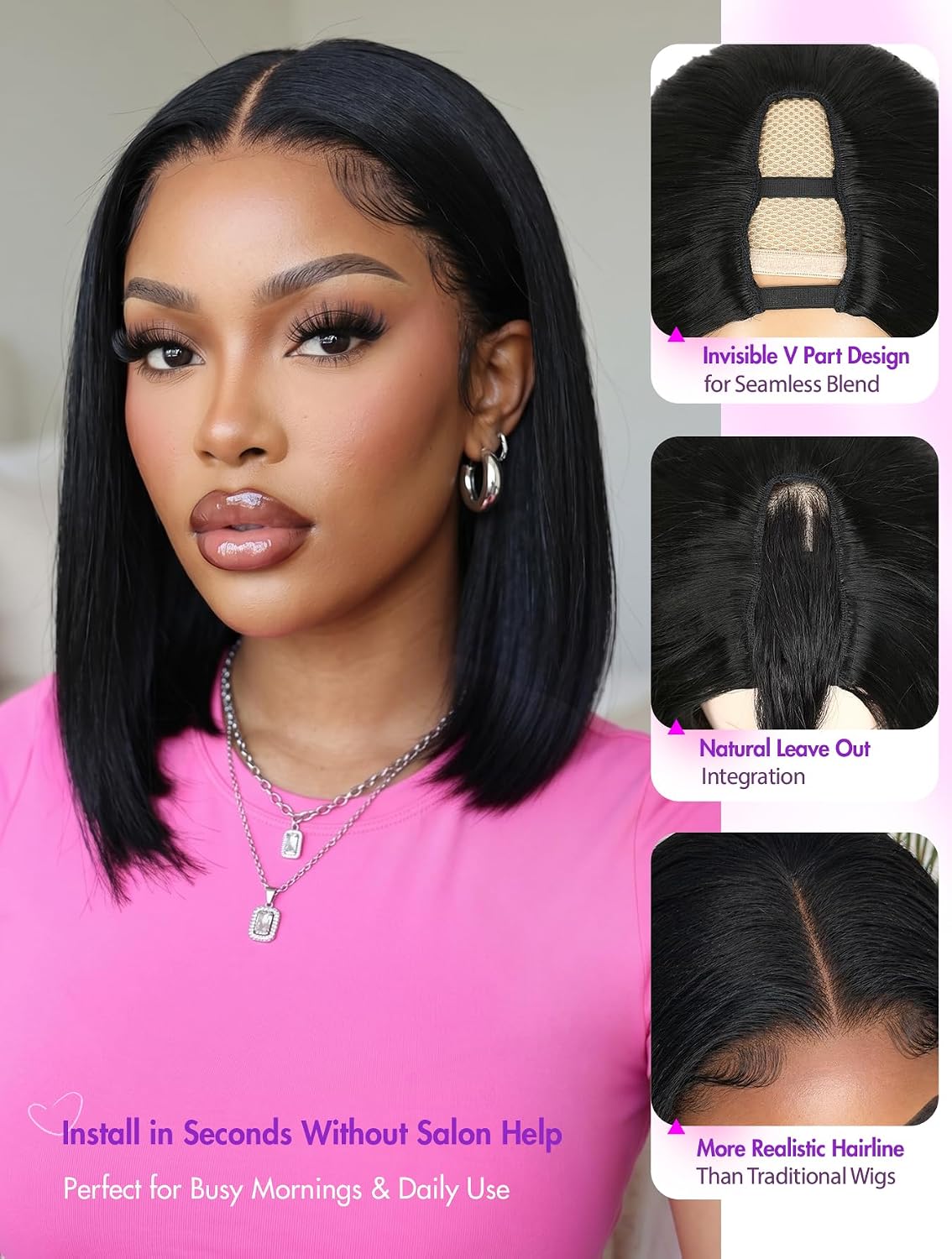 Yaki Straight Bob Wig V Part Bob Half Wigs for Black Women Upgrade U Part Wigs Short Black Glueless Natural Looking Heat Resistant Synthetic Hair Replacement Wig