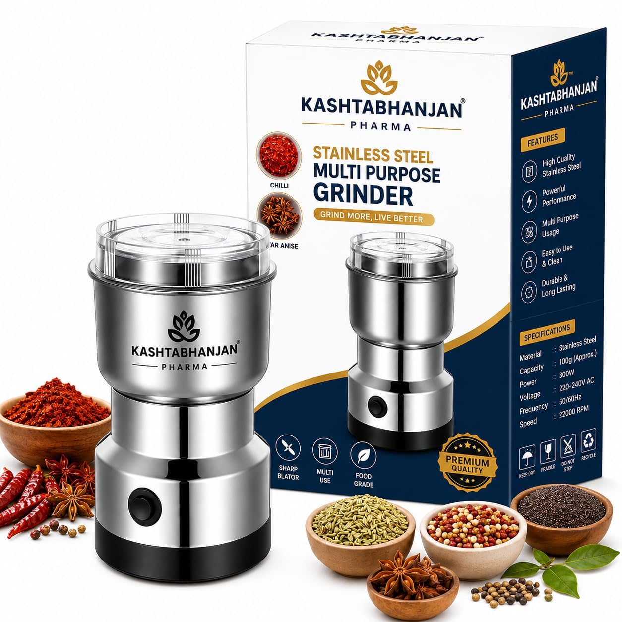 TAEBO Nima Electric Coffee & Spice Grinder 150W | Stainless Steel Dry Masala Grinder | Multipurpose for Coffee Beans, Nuts, Seeds & Spices | Compact Kitchen Appliance-image-1