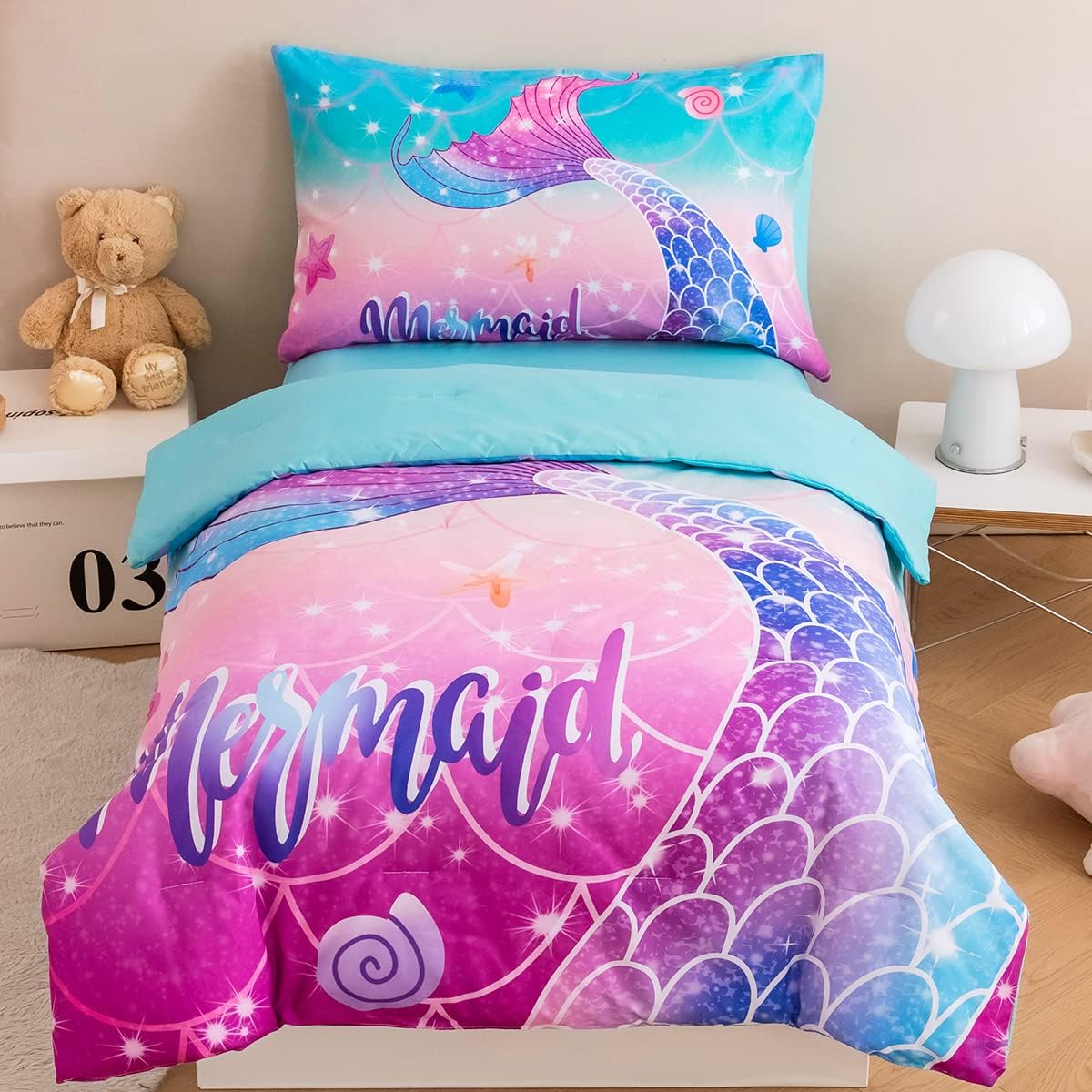 ZRNBAST 4 Piece Girls Comforter Set Mermaid Tail Toddler
