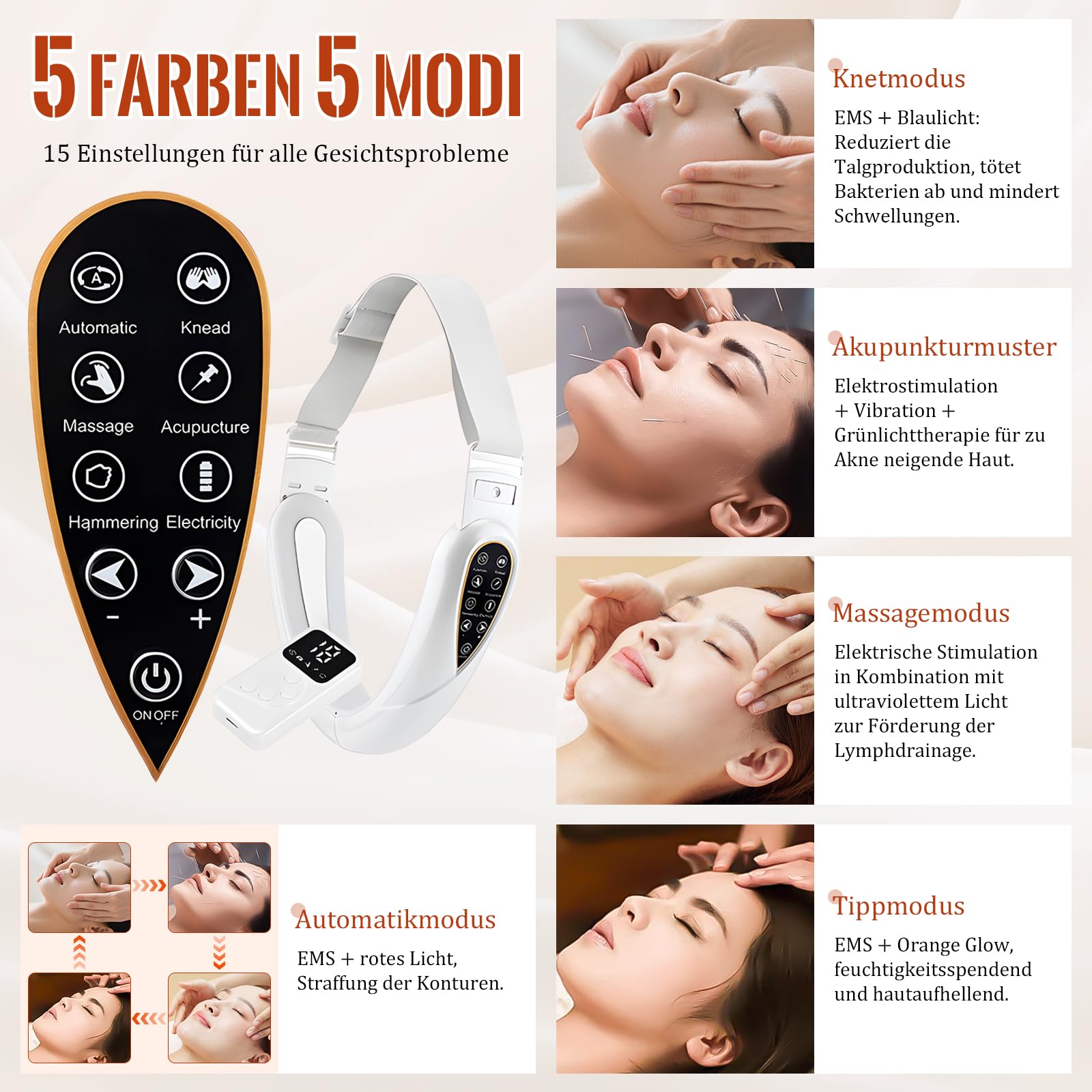 Elektrisches V-Face-Shaping-Massage, 5 Modi & 15 Intensitätsstufen, Gesichtsmassagegerät, entfernt Doppelkinn, schafft eine definierte Kieferlinie.
