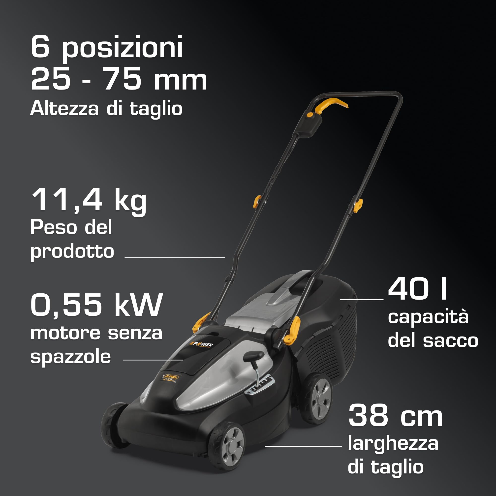 Rasaerba a batteria Alpina AL1 3820 Li Kit, larghezza di taglio 38 cm, batteria da 20 V (2 x 4 Ah), 550 W, fino a 350 m², batteria e caricabatterie inclusi, nero
