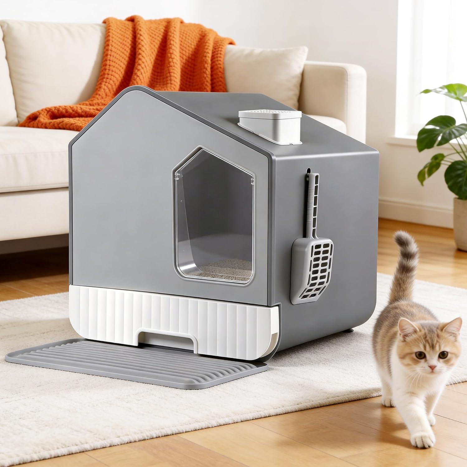 Extra Large Enclosed Cat Litter Box with Mat and Litter Scoop, Odorless Toilet Anti-Splashing Kitty Litter Pan Covered Hooded Cat Box