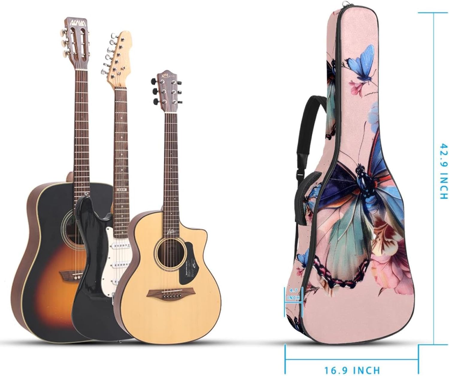 Acoustic Guitar Bag, 40 41 42 Inch Guitar Case Cover Soft Guitar Gig Bag for Acoustic Electric Bass Classical Guitar, Art Butterfly