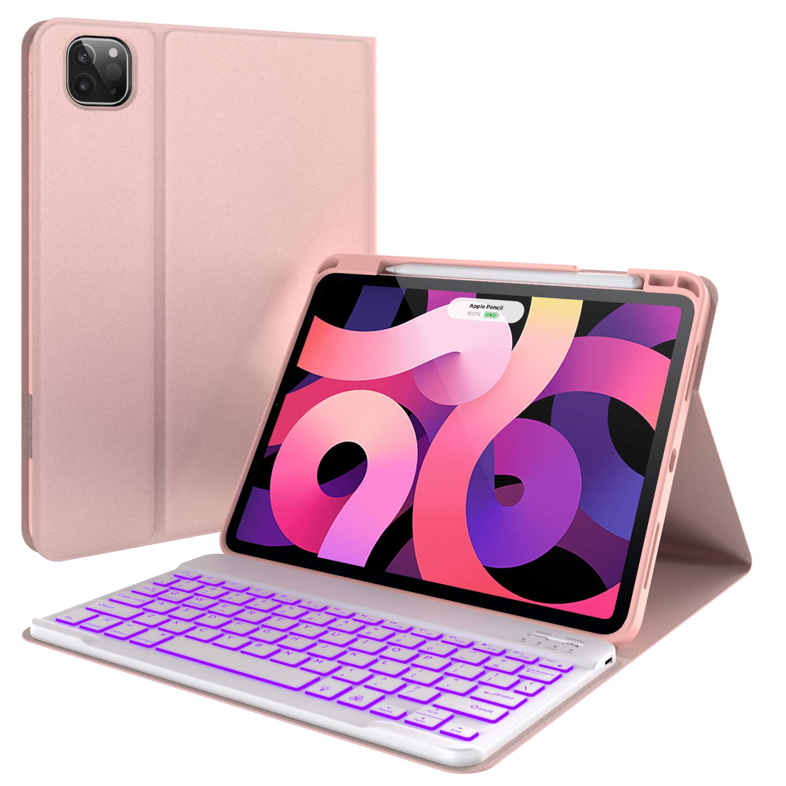 iPad Air 4 Case with Keyboard - 7 Color Backlit Detachable Wireless Keyboard - Slim Leather Folio Smart Cover for iPad 11 Pro 2020, iPad 10.9 2020, Compatible with Apple Pencil (Pink)