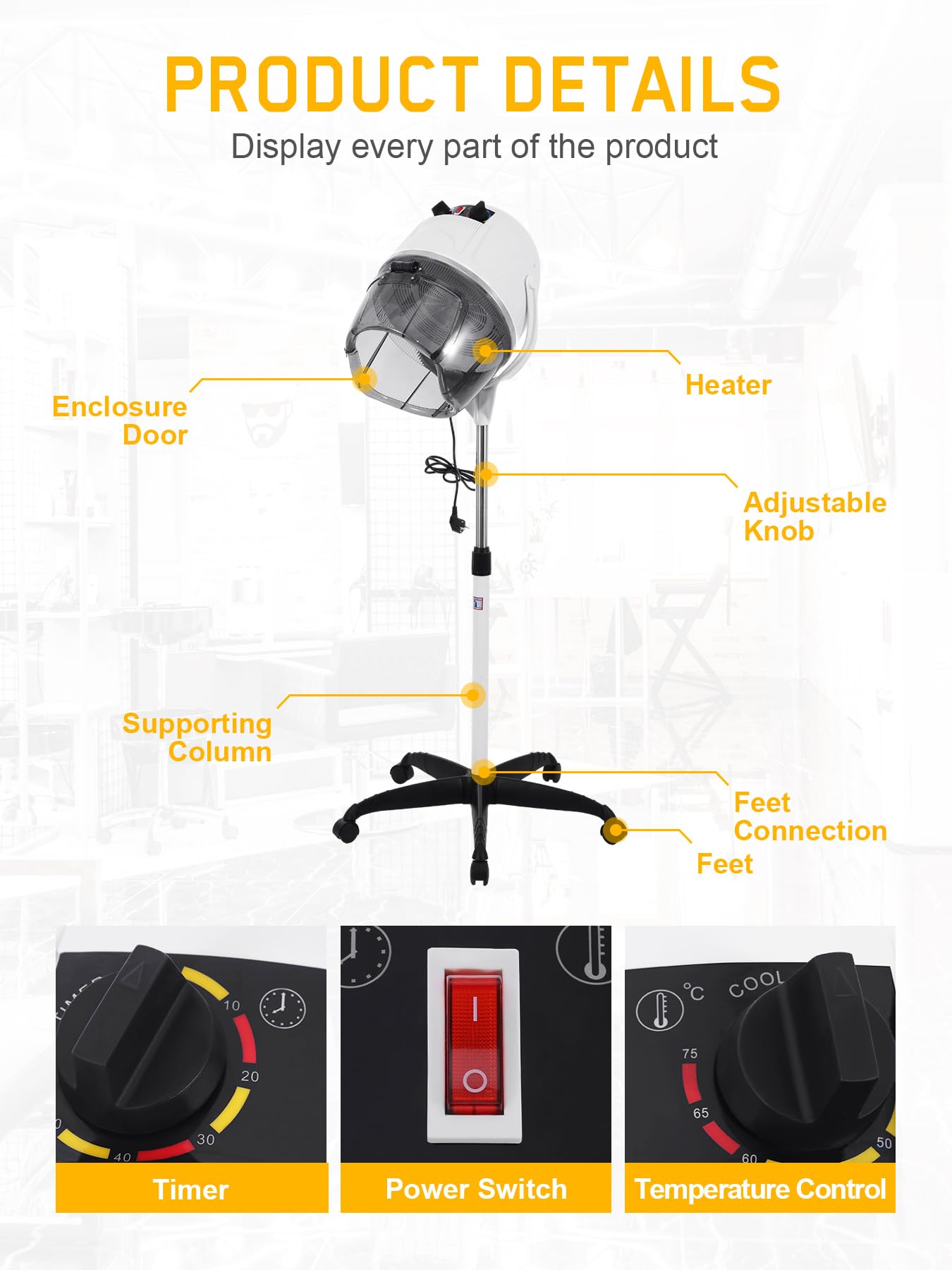 Secador de pelo con soporte, Secador de pelo Profesional 1050W, Altura regulable 78-128cm, Temporizador 0-60 min, Temperatura regulable 0-75℃, Gorro de Secado para Peluquería blanco