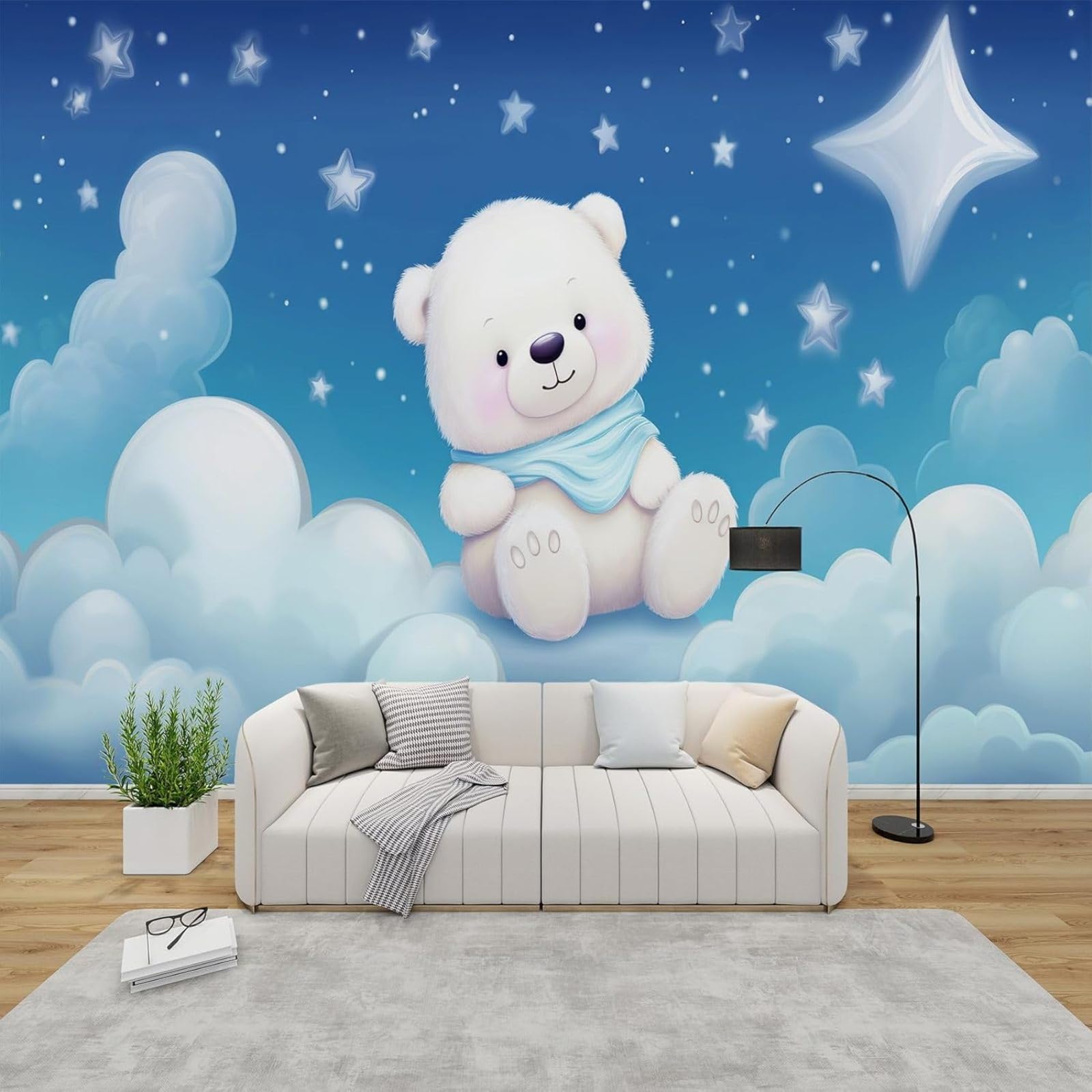 Papier peint chambre enfant ours polaire : décoration murale intissée pour salon 200x140 cm