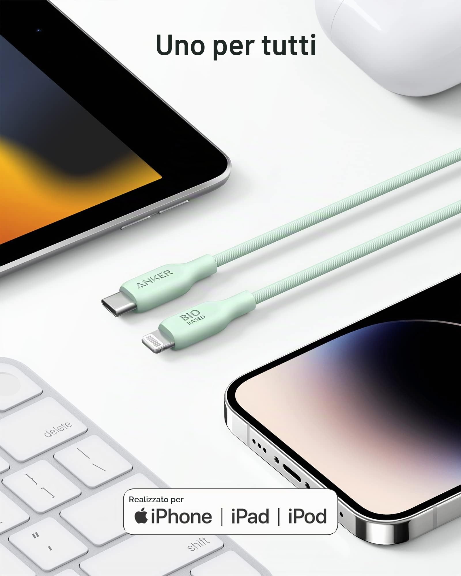 Anker Cavo USB-C a Lightning, cavo 541 (180cm), Certificato MFi, Cavo di Ricarica Rapida a Base Biologica per iPhone 13 13 Pro 12 11 X XS XR 8 Plus (caricatore non incluso