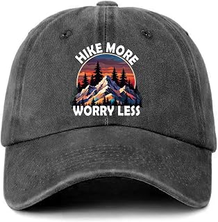 Funny Camping Hat Hike More Worry Less Colorful Mountains Printed Baseball Cap Classic Cotton Adjustable Washed Baseball Hat for Men Women Cool Hiking Gifts for Hiker Camper Trucker Friend