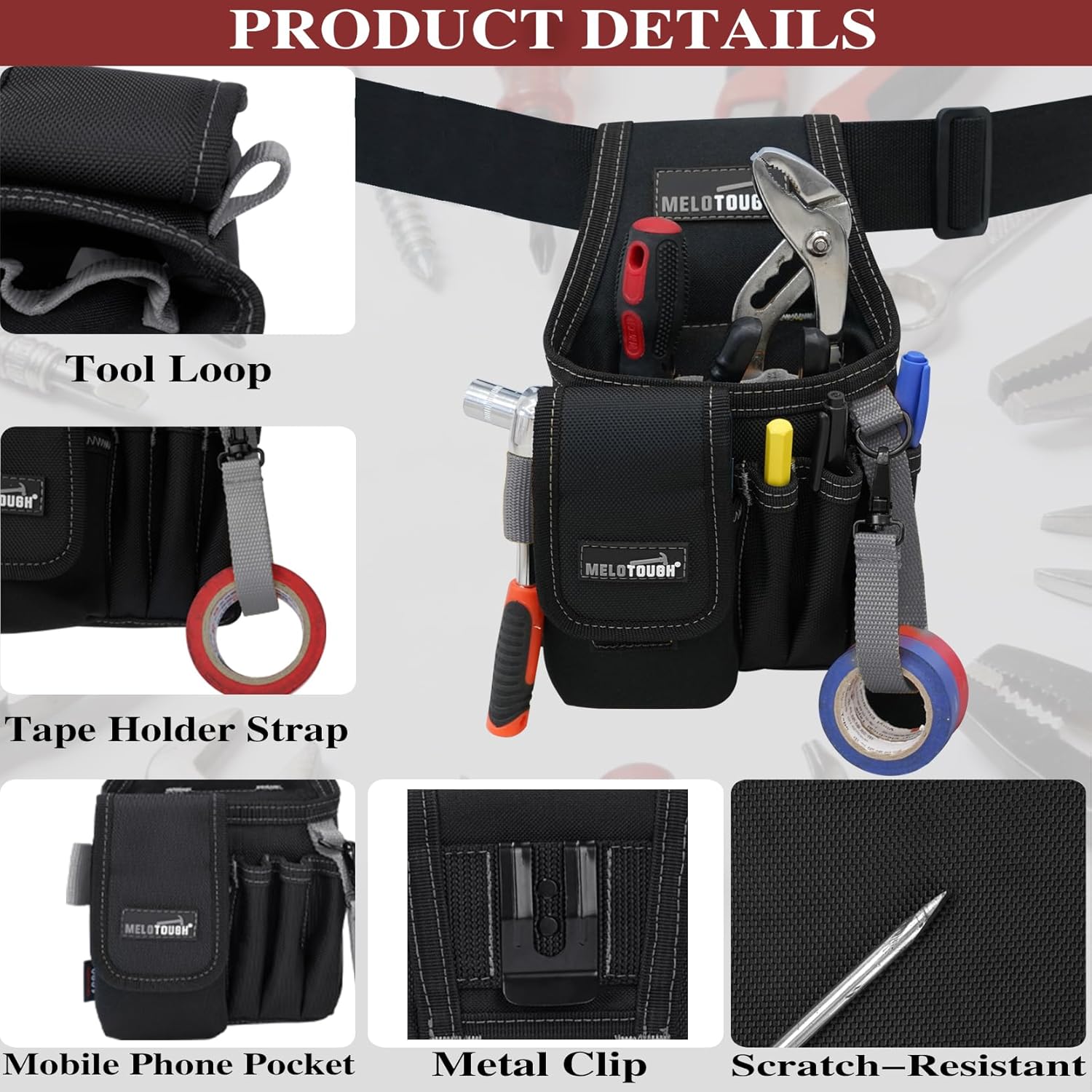 MELOTOUGH Small Tool Pouch with Belt Clip, Pocket Tool Belt Pouch,Electrician Clip on Tool Pouch, Multi-Pocket Tool Organizer for Electrician Construction - Image 5