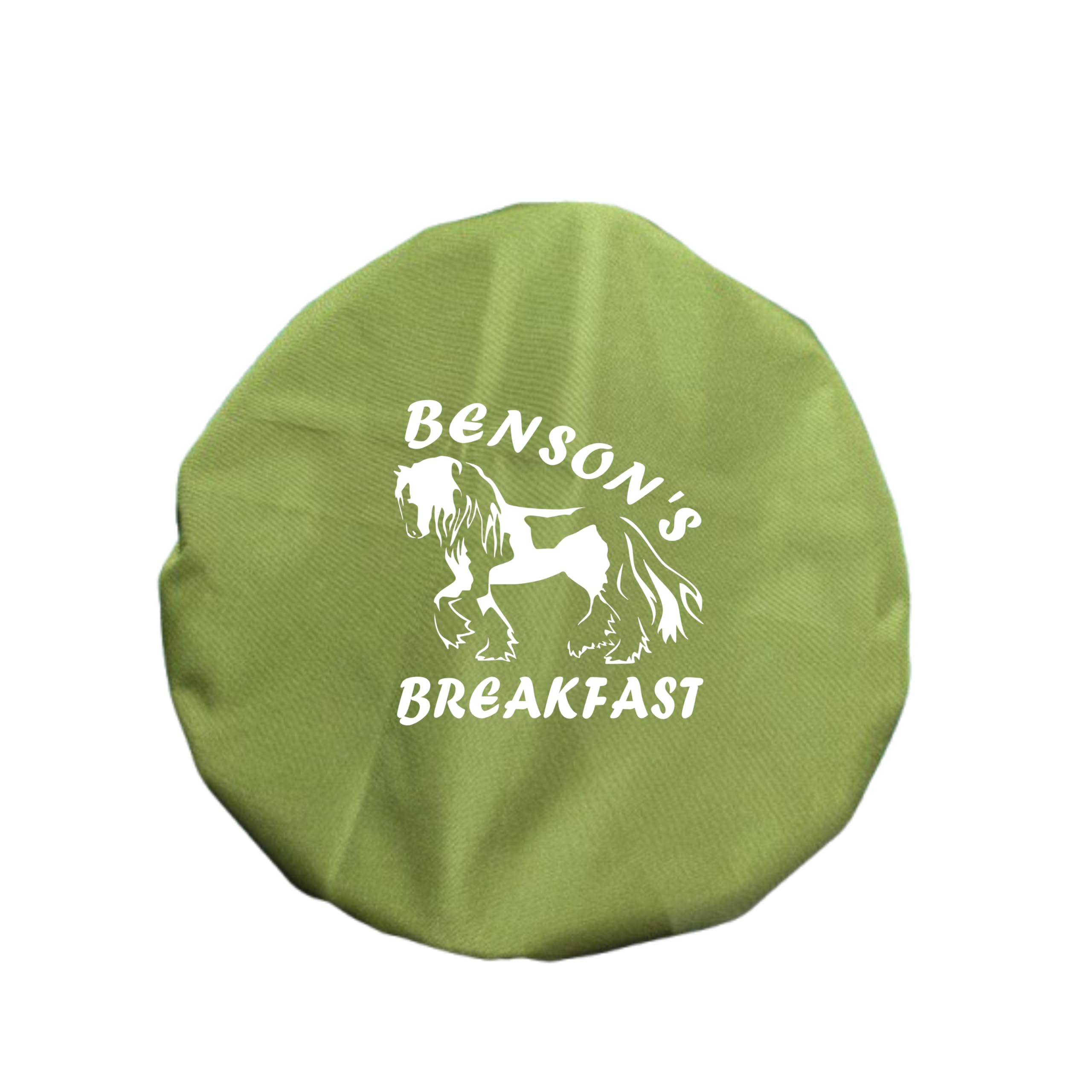 Personalised Horse Design Feed Bucket Cover, Multiple Colours Available, Morning and Teatime Feed Design or Custom Text, Gypsy Cob (White Vinyl, Olive)