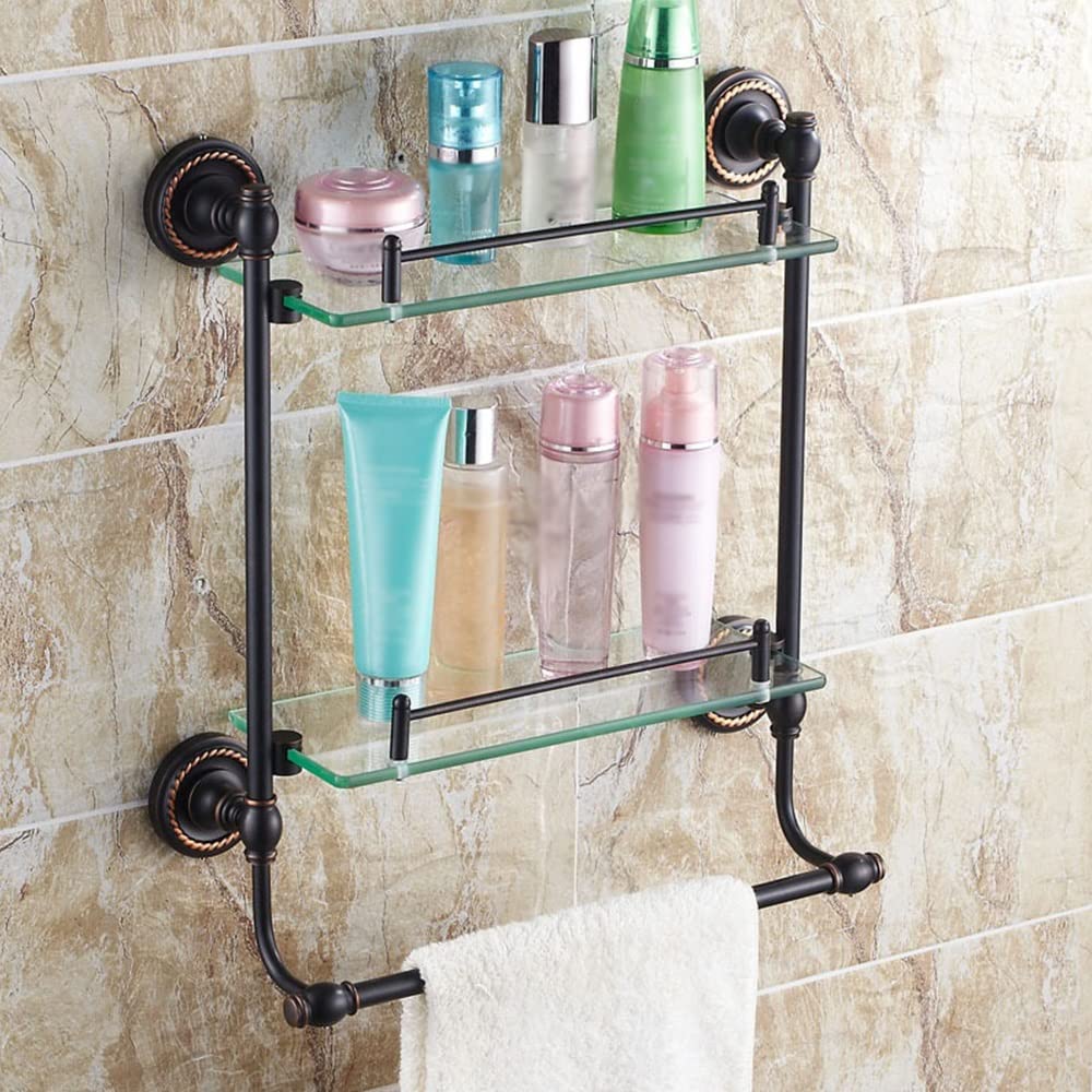 Estantes de baño exquisitos Caddy de Ducha Toallero de Bronce de Cobre Antiguo Negro, Estante de Vidrio Europeo con Barra Doble Cosméticos Almacenamiento de Estante de baño de 2 Capas