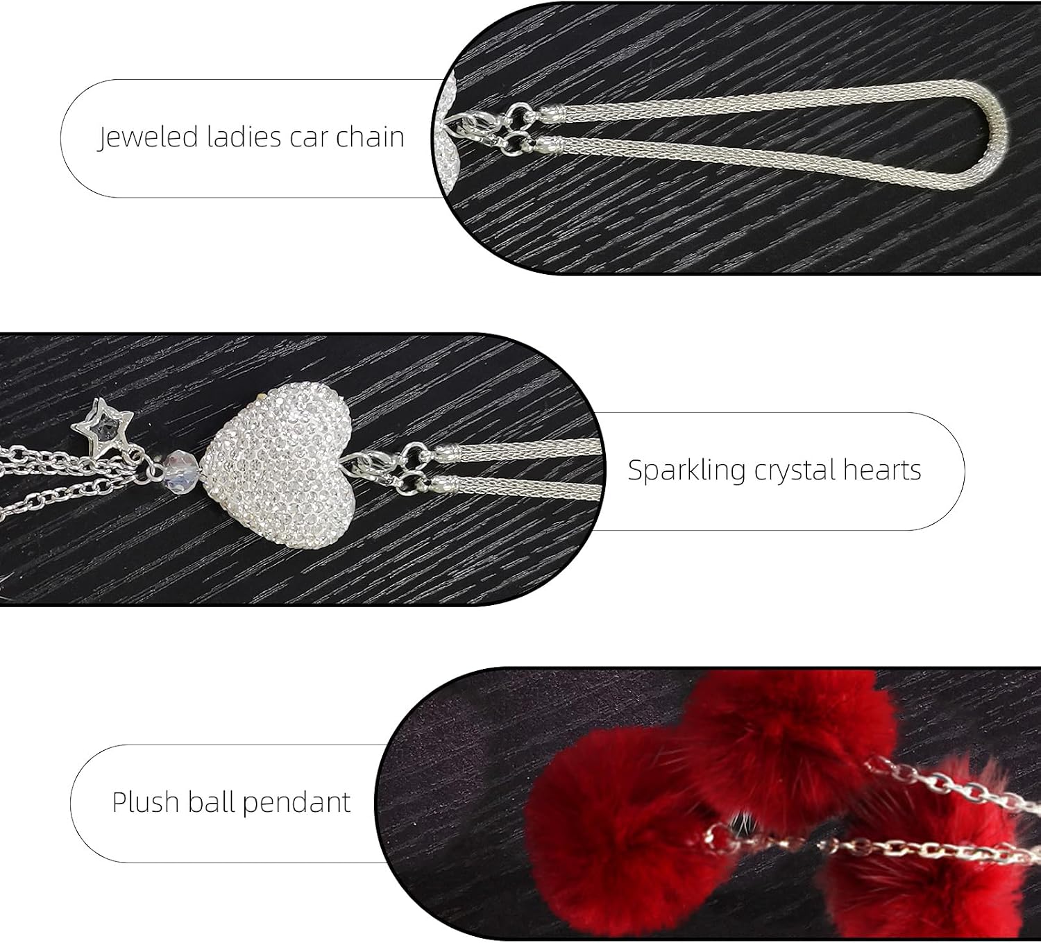 Bling Car Mirror Accessories for Women, Rhinestone Diamond Love Heart & Pink Plush Ball Decor Ornament Pendant, Car Rear View Mirror Hanging Charm Pendant, Lucky Hanging Accessories (Wine red) image 4