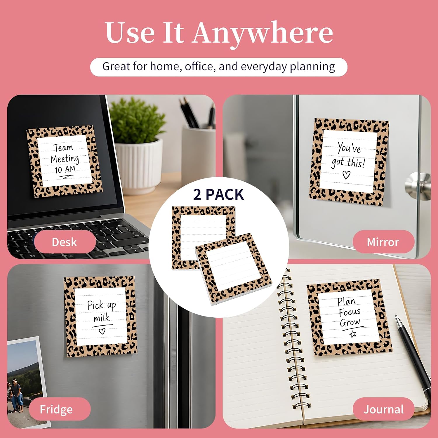 Sticky Notes 3x3, Bright Cute 2 Pack Self-Stick Note Pads, Strong Adhesive Memo Pad, Easy to Post for Home, Office Brown Classic Leopard image 4