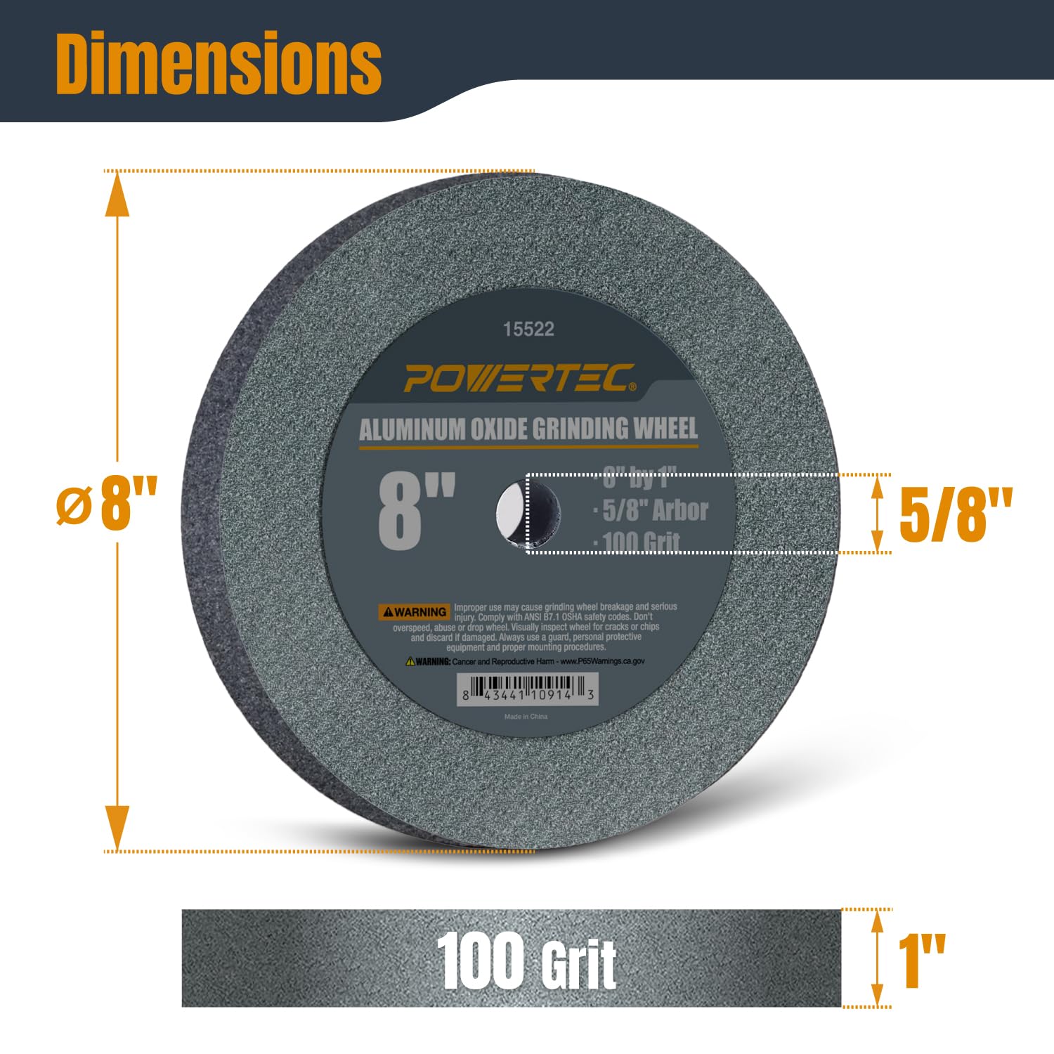 POWERTEC Meule en oxyde d'aluminium 15522 grain 100, 20,3 x 2,5 cm avec tige de 5/8"