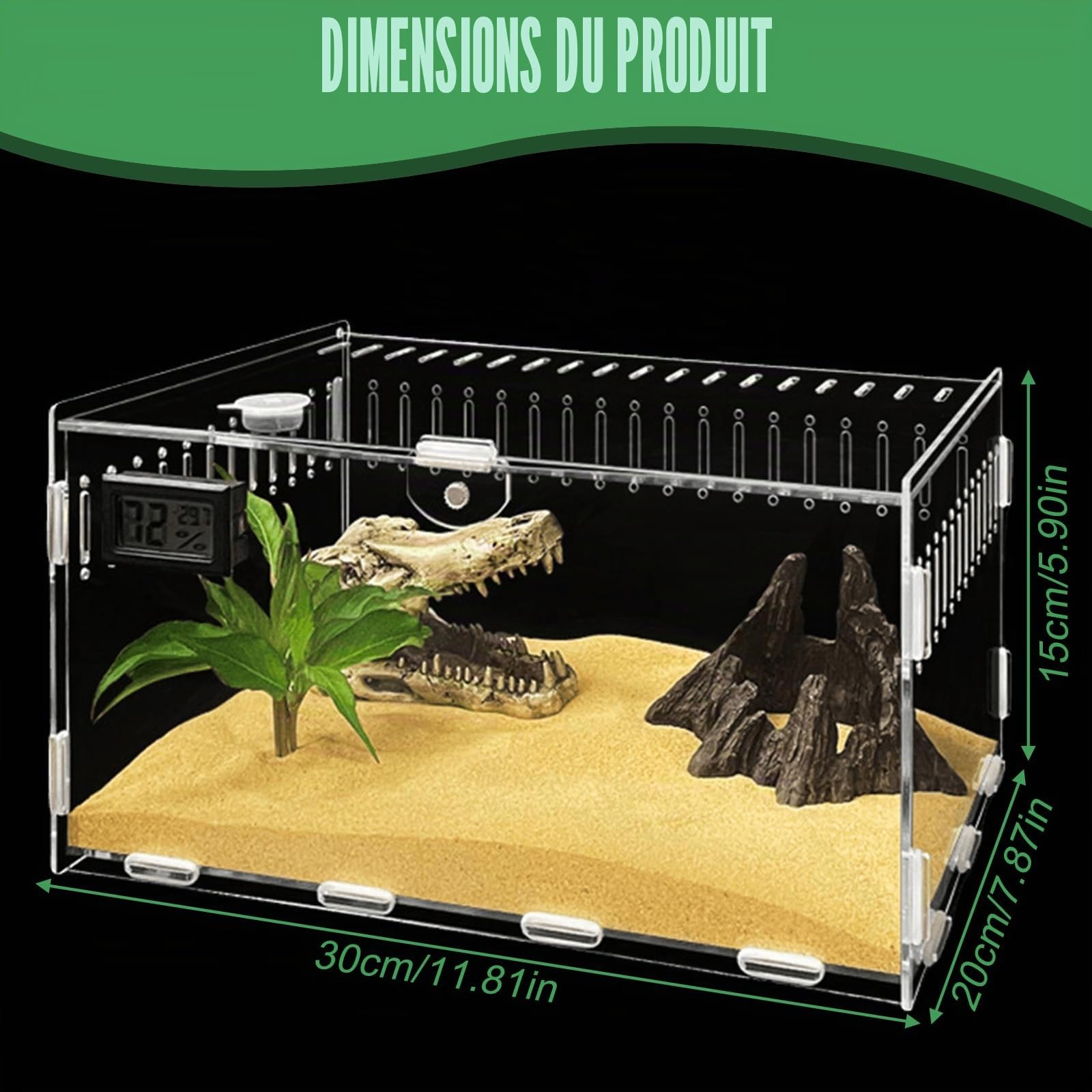 Terrarium en acrylique pour escargots 30 cm * 20 cm * 15 cm, boîte d'alimentation en acrylique pour reptiles, boîte à nourriture transparente pour reptiles, récipient portable pour terrarium d'animaux