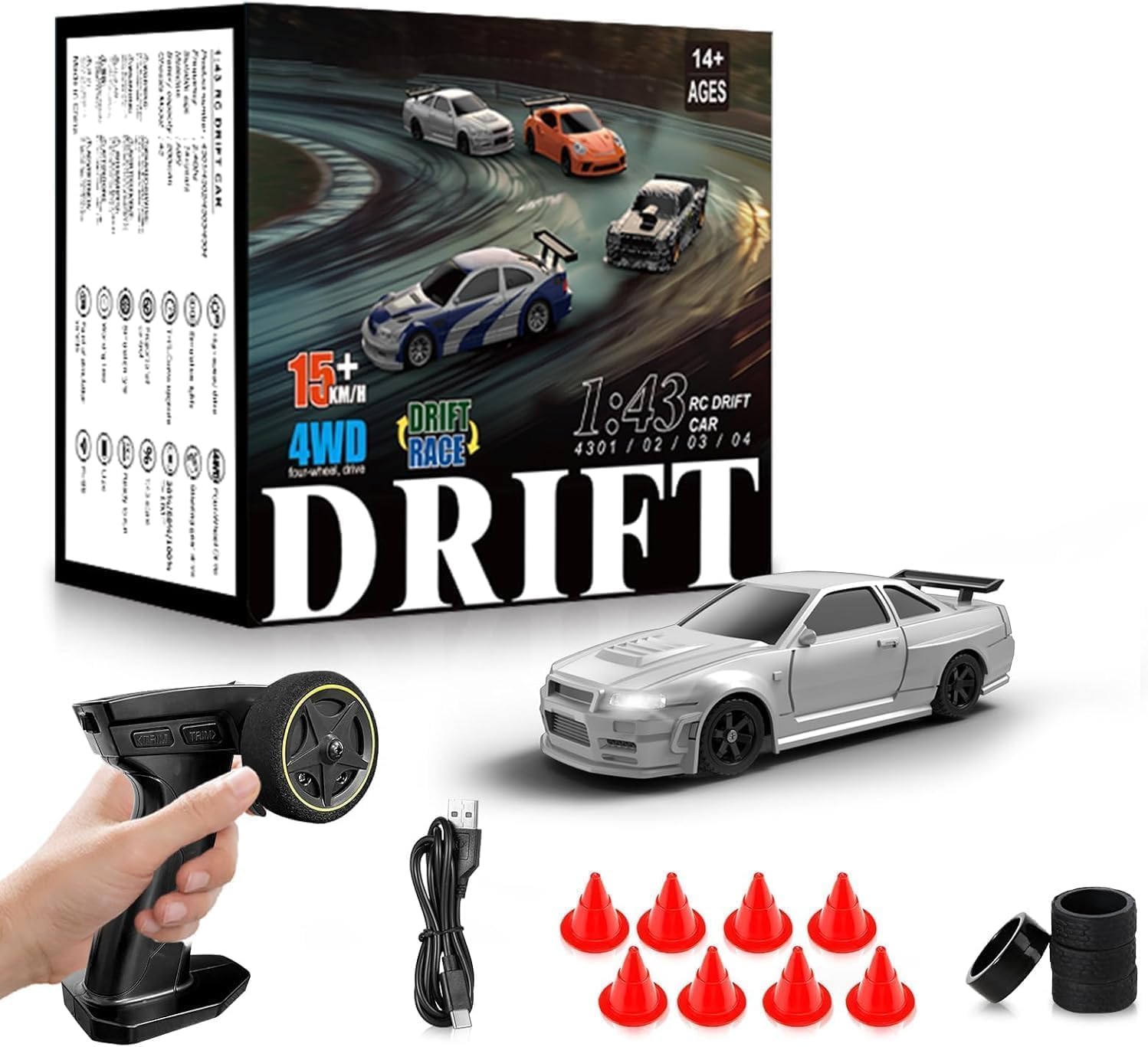 1/43 Scale Mini Racing Drift Car with Lights, 2.4G Electric 4WD High-Speed Remote Control Sports Car, Full Proportional Vehicle for Boys Adults Teen - RTR Version/Black White