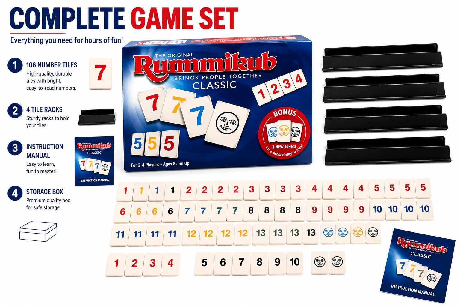 Cojuz Rummikub Classic Tile Game – Family Board Game for Kids & Adults | Strategy & Number Matching Game with 106 Tiles, 4 Racks, Jokers | Fun Educational Game | 2–4 Players | Age 8+ | 30 Min Play 1