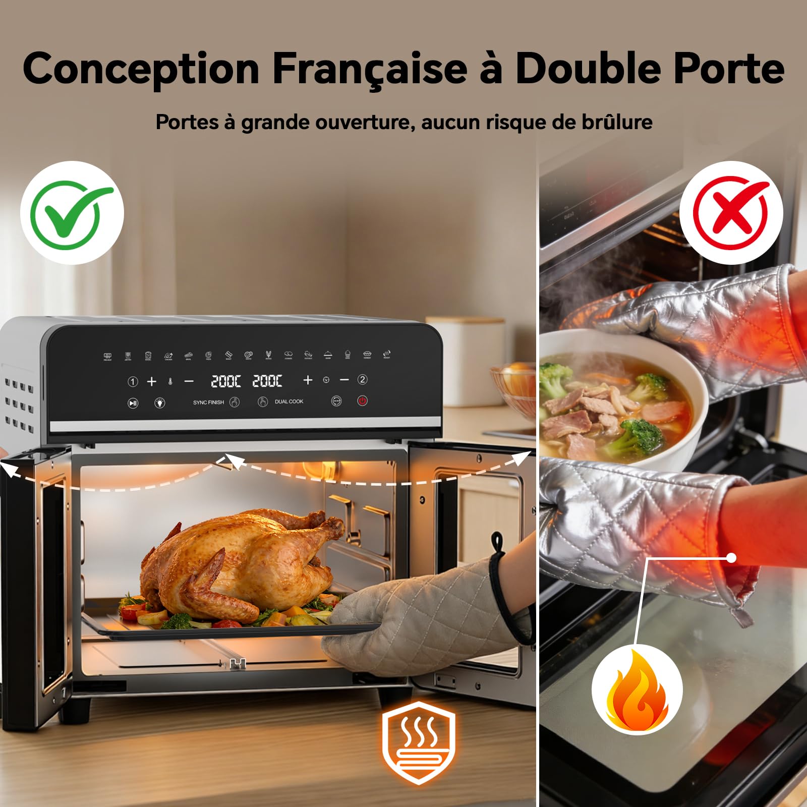 23L Friteuse à Air Chaud Familles, Mini Forno Cuisson Zone 1/2, Temp Sép | Portes Français 15-en-1 Fenêtre de Visualisation Lumière Intégrée, Grande Fritteuse Sans Huile Famille, 200℃/2600W Air Fryer