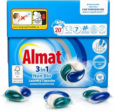 Almat 3 in 1 Non Bio Laundry Capsules, 20 Washes, Dissolvable Washing Pods for Sensitive Skin, Stain Removal, Low Temperature Wash, Family Laundry Detergent Capsules