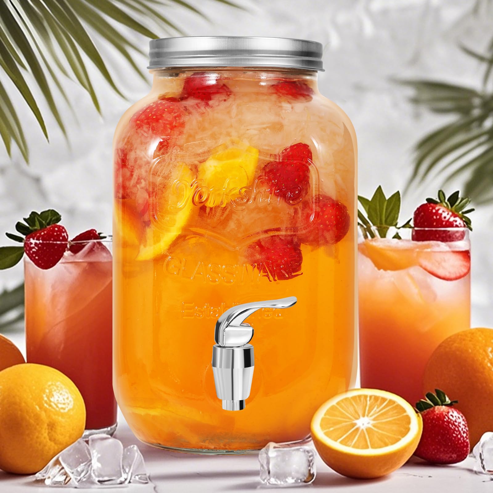 LIMILI - Dispensador de bebidas de vidrio, 2 juegos de dispensador de agua de vidrio de 4 litros con grifo de acero inoxidable, dispensadores de bebidas heladas para jugos caseros, nevera,