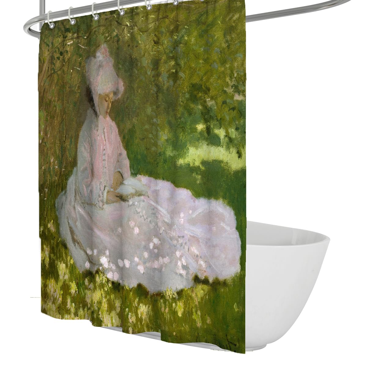 Tende doccia in tessuto primaverile con ganci arte rosa verde 240x180cm | Tessuto impermeabile in poliestere ad asciugatura rapida, decorazione artistica impressionista, set di tende lavabili