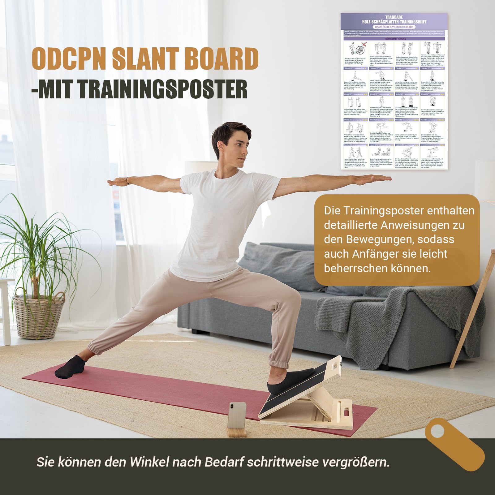 Wadendehner Schrägbrett aus Holz, 5 Winkeln Slant Stretch Board mit Trainingsposter und 2 Widerstandsbändern, Verstellbar Wadenstrecker mit Tragegriff, Mobility Balance Board, Schräges Brett