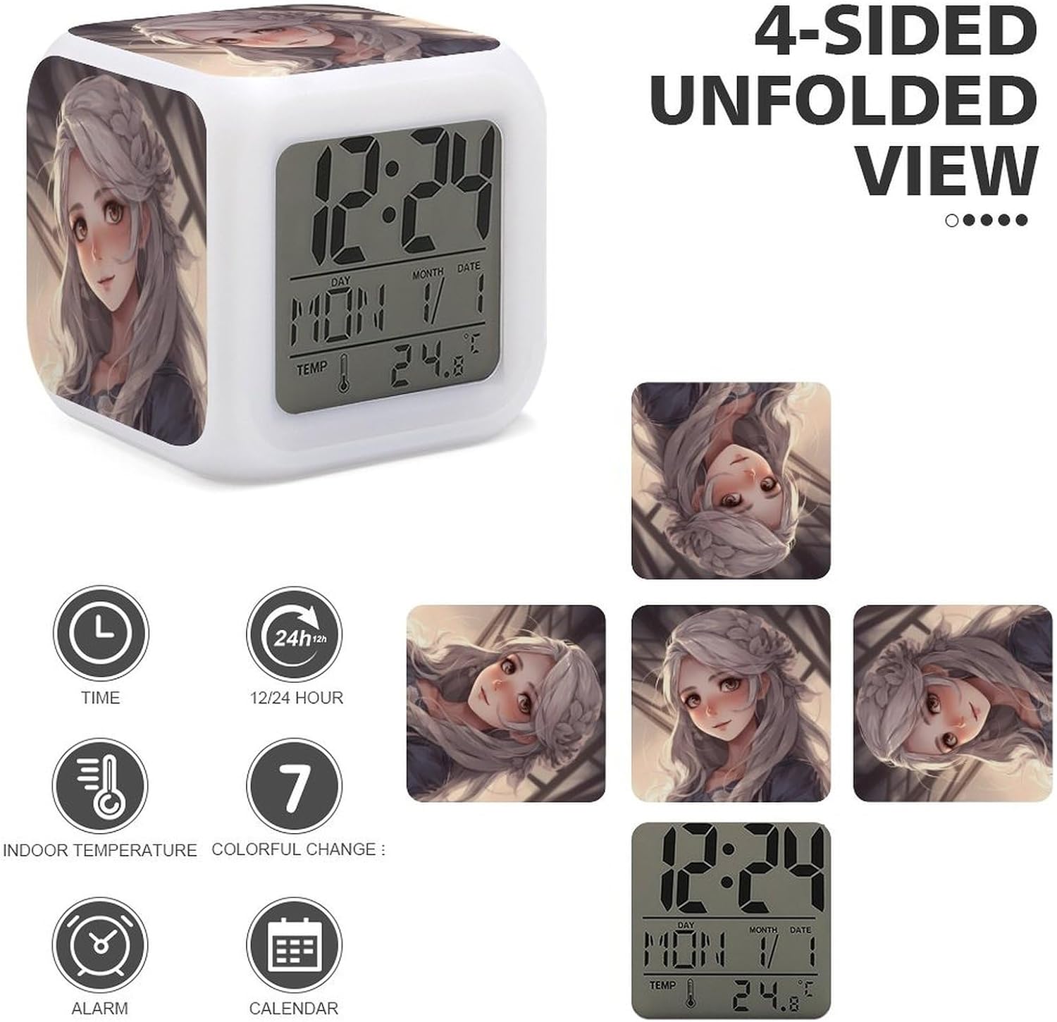 7 Color Change LED Digital Alarm Clock with Snooze Calendar Temperature Display White Hair Anime Girl Wake Up Clock Battery Operated Bedside Lamp Night Light for Bedroom Decor image 3