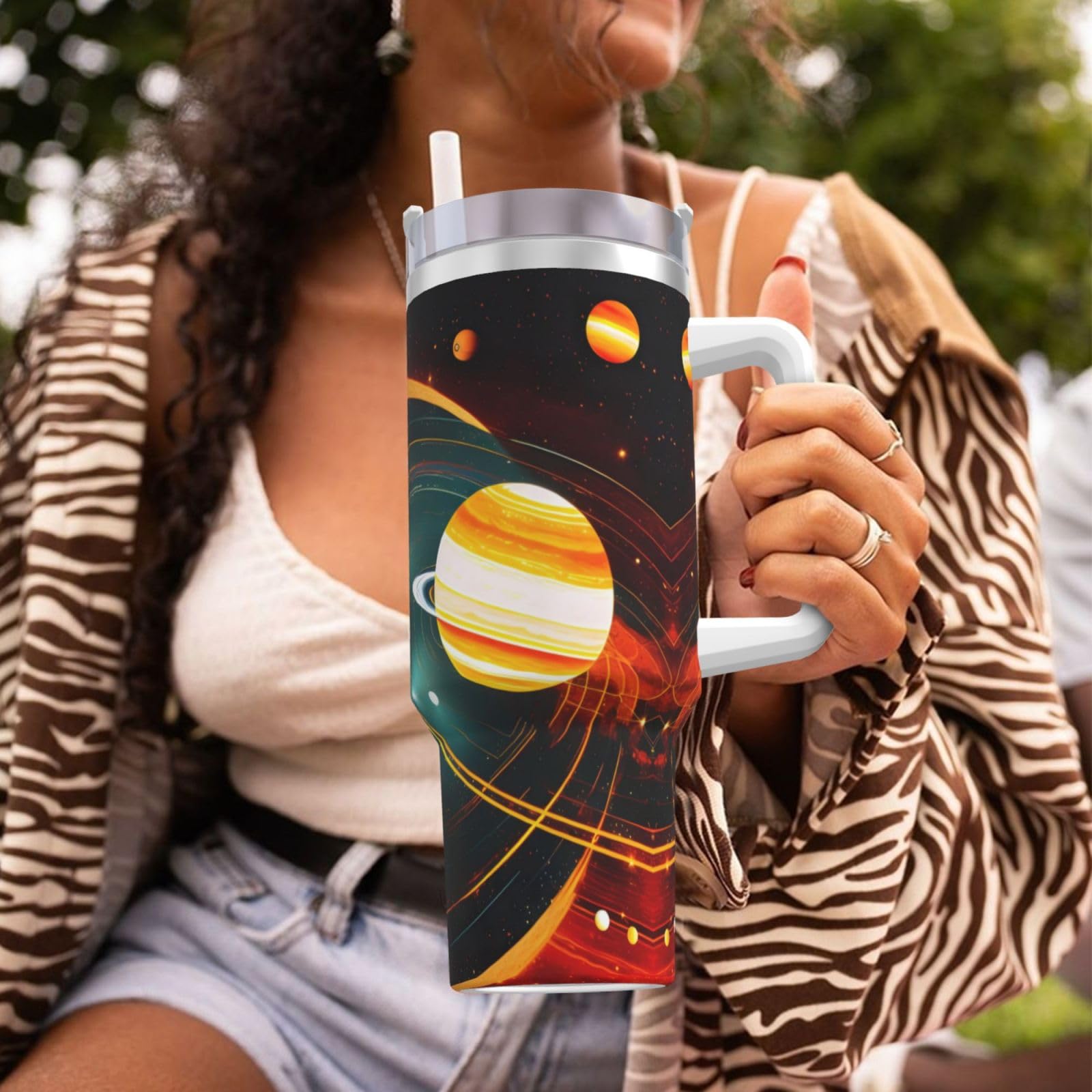 Solar System Jupiter Saturn Wasserflasche aus Edelstahl, doppelwandig, isoliert, mit Griff und Strohhalm-Deckel, 1,2 l