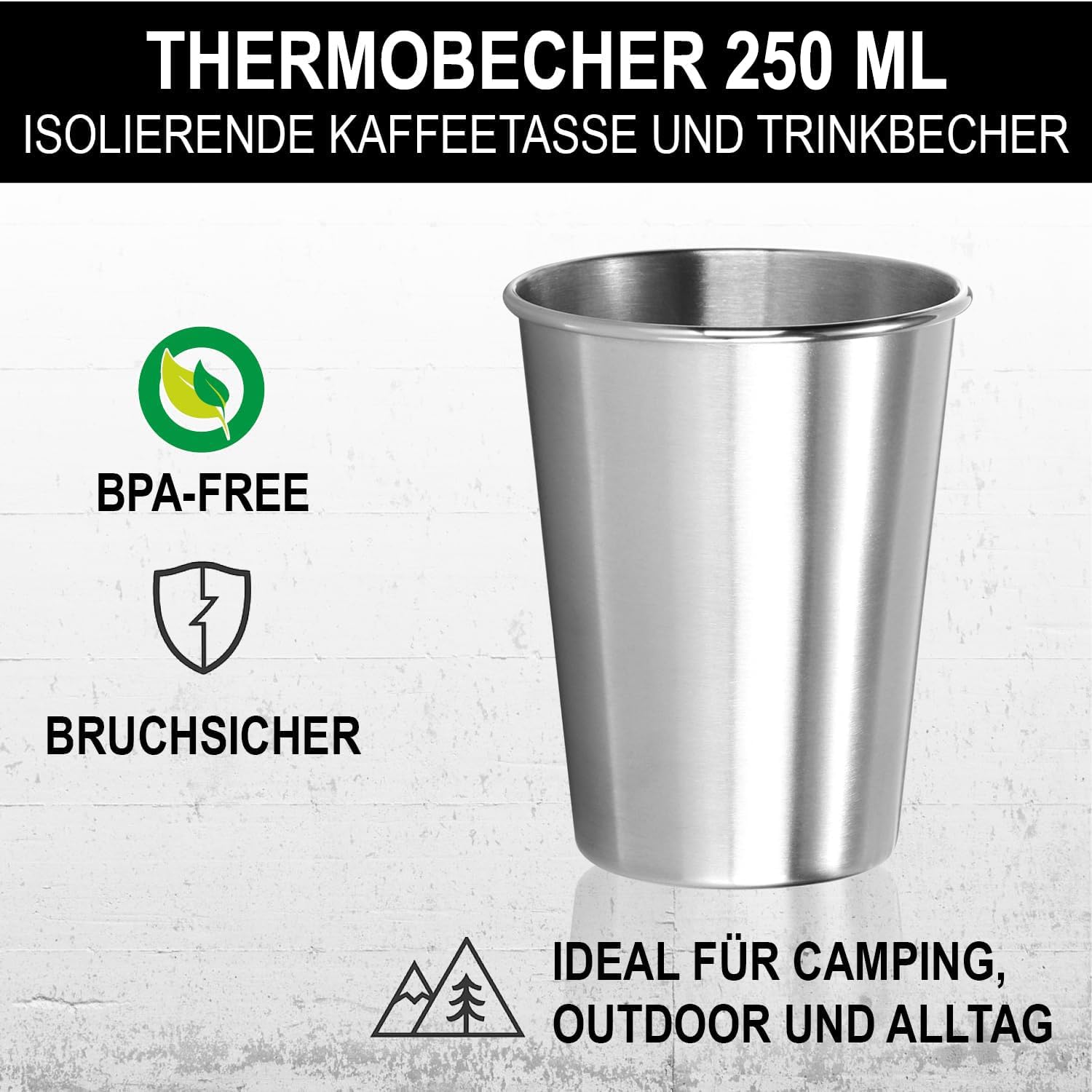 6 kubków ze stali nierdzewnej – stal 304 – lekkie kubki 250 ml do campingu i podrózy – nietlukace i bez BPA (250ml - 6 sztuk)