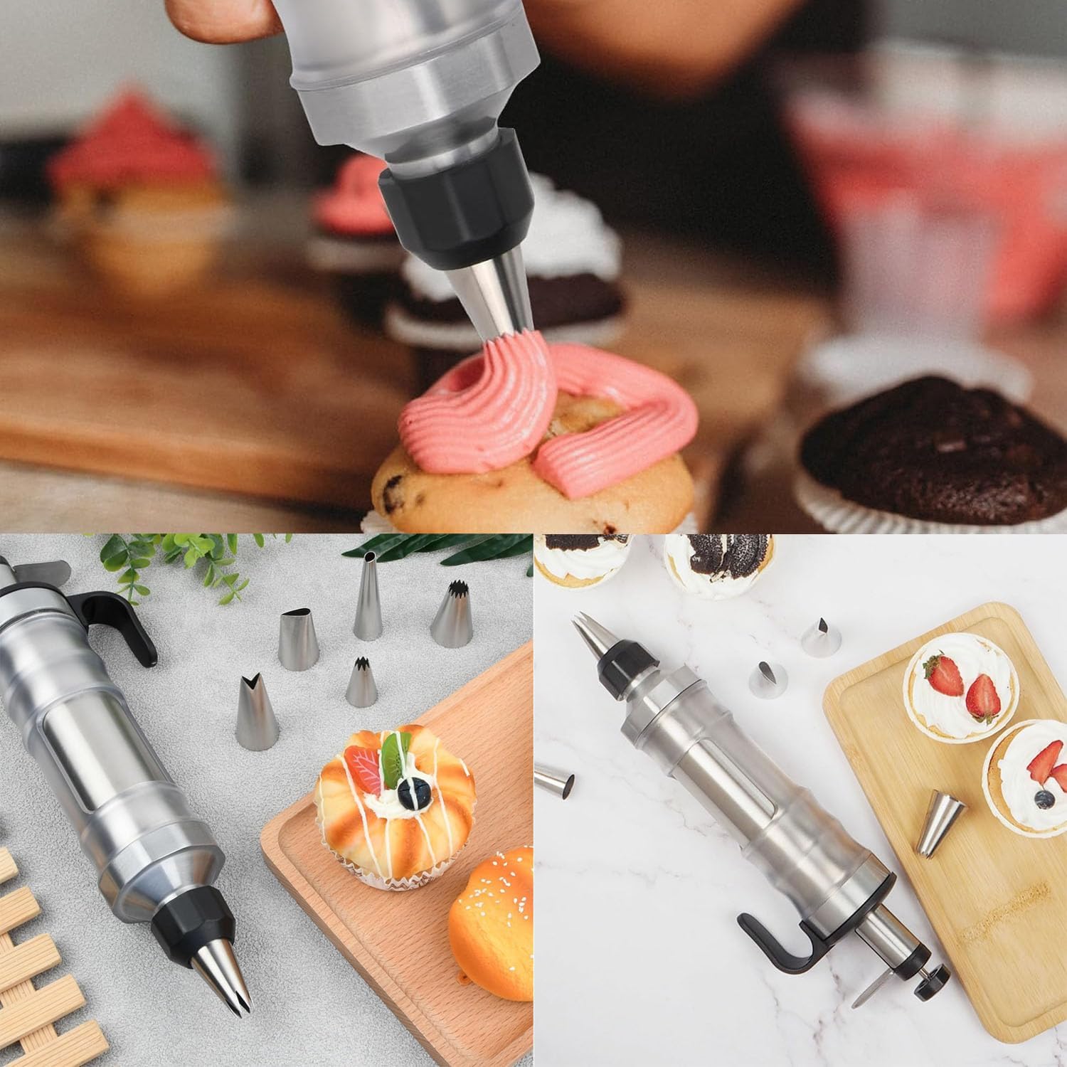 Seringue à garnir en acier inoxydable - Seringue à gâteau professionnelle - Pour décorer des gâteaux avec 6 douilles - Avec récipient transparent