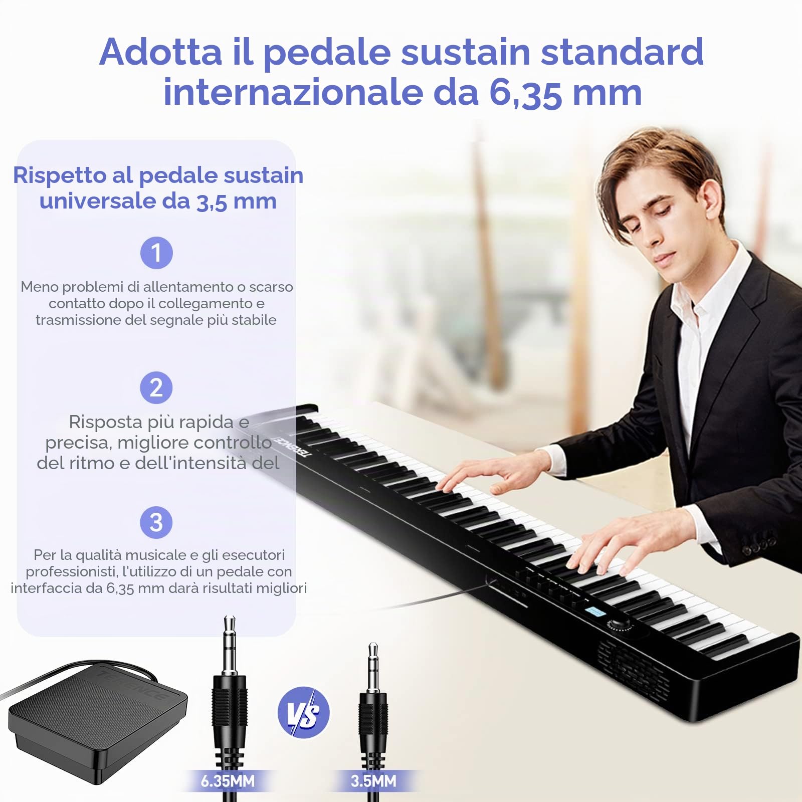 TERENCE Pieghevole Pianoforte Digitale 88 Tasti semi-pesati con batteria da 1750 mAh Bluetooth e interfaccia MIDI, supporto per spartiti Borsa adesiva Cavo audio con Pedale di sostegno (X88D)
