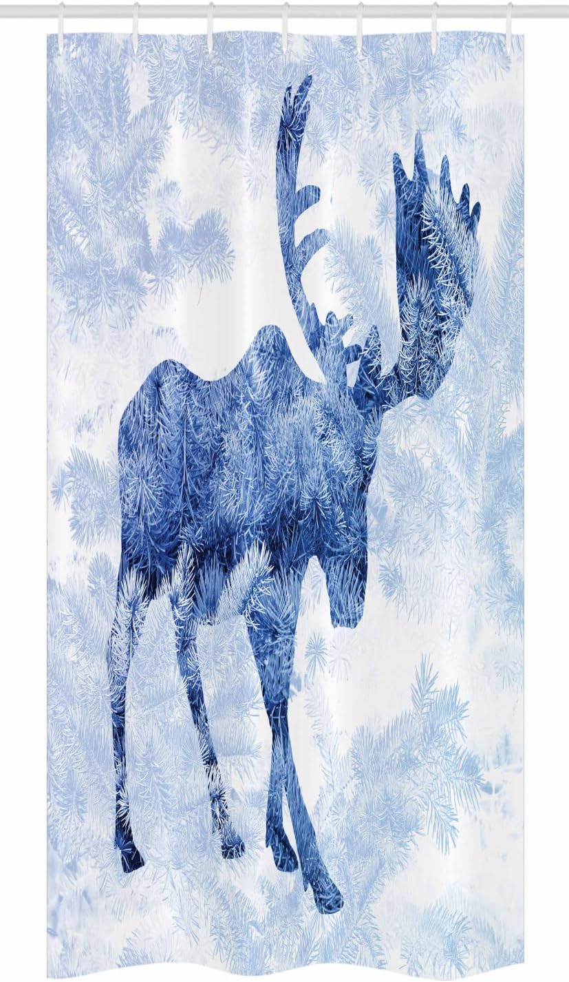 Ambesonne Moose Stall Shower Curtain, Pattern Pine Needles Spruce Tree Antlers Deer Family Snow Winter Horns, Fabric Bathroom Decor Set with Hooks, 36" W x 72" L, Blue White