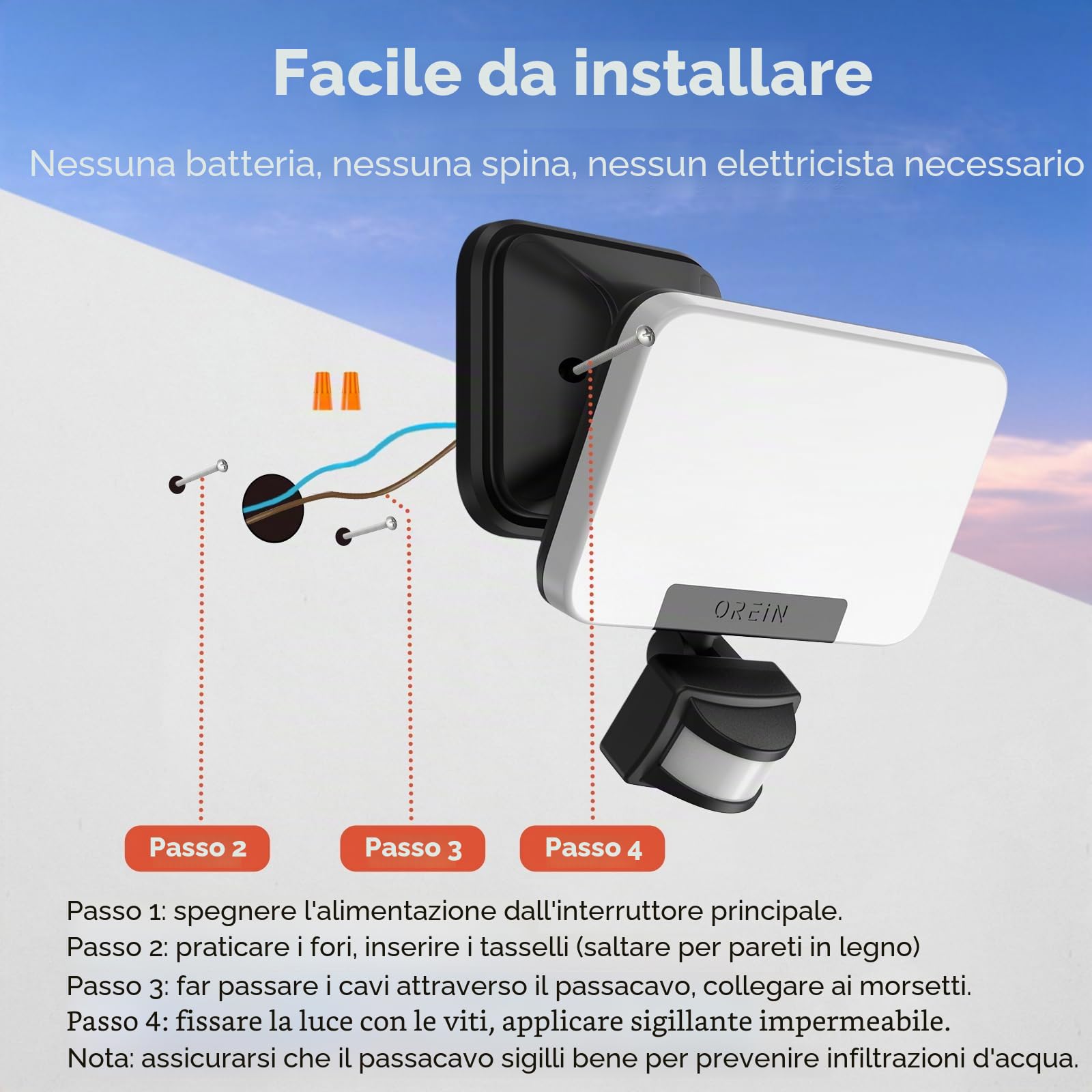 OREiN Luci di Sicurezza per Esterni con Sensore di Movimento, 24W Bianco Caldo/Naturale/Freddo Regolabile 2800 Lumen Faretto con Sensore di Movimento PIR, IP65 Impermeabile, Luce Esterna Alimentata da
