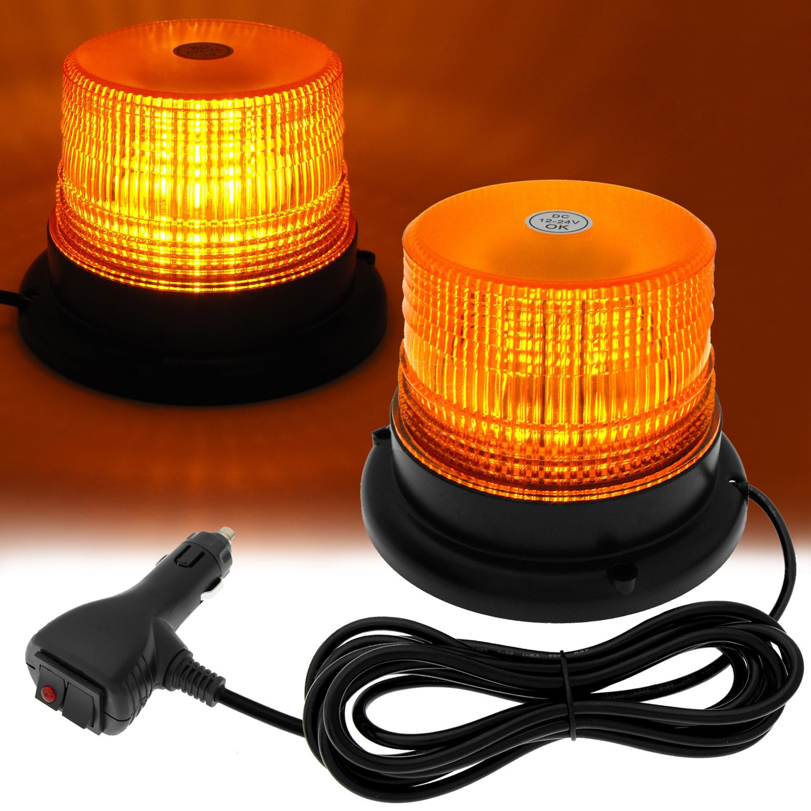 Gyrophare LED, Lampe d'Avertissement, Gyrophare LED Rotatif, Stroboscopique d'Avertissement, 7 Modes d'Eclairage, 12-24V, Rotation Light Ambre pour La Police Le Camion de Pompiers l'Ambulance