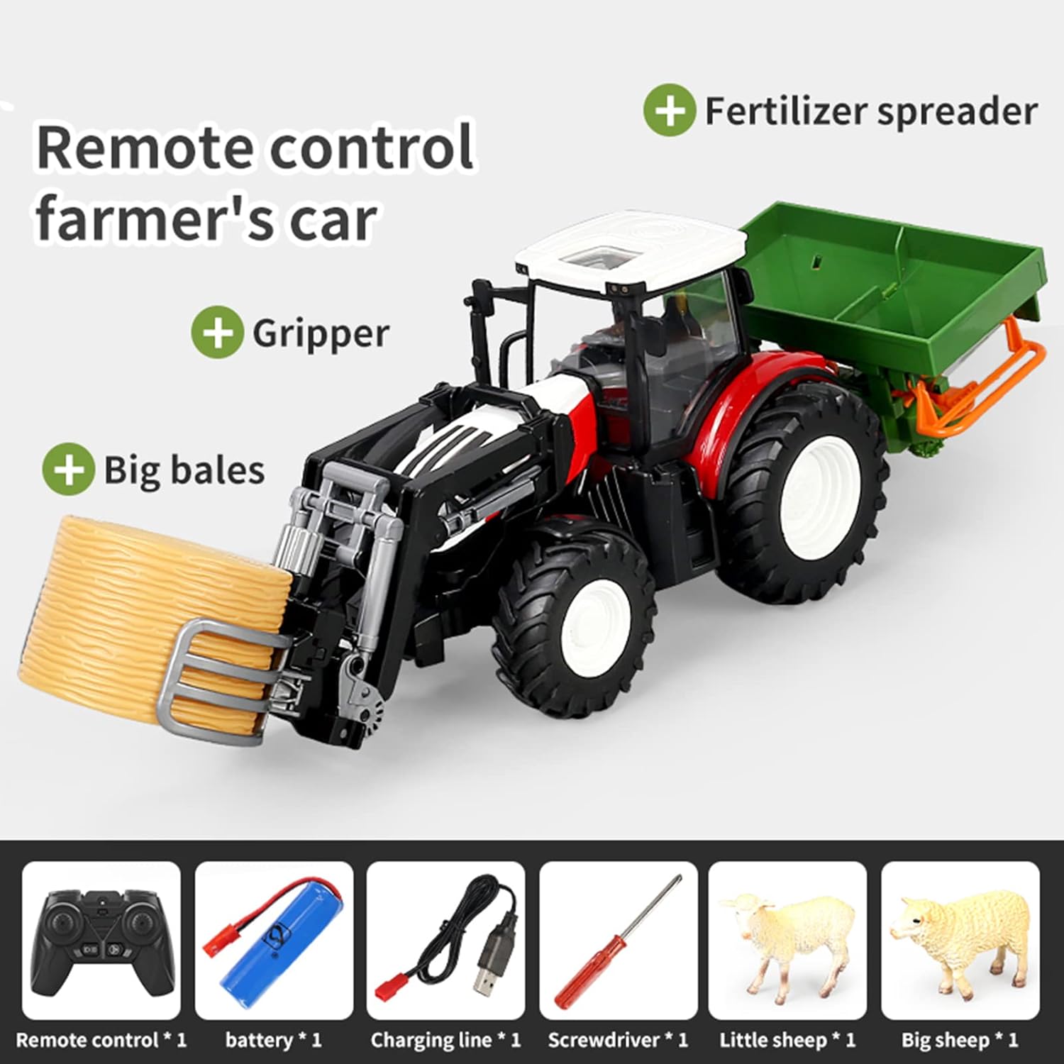 GoolRC RC Farm Tractor, 1:24 Scale Remote Control Tractor, 2.4GHz Multifunctional Farm Electronic Vehicle with Gripper, Fertilizer Spreader, Lights, One-Key Demonstration for Adults (Red)