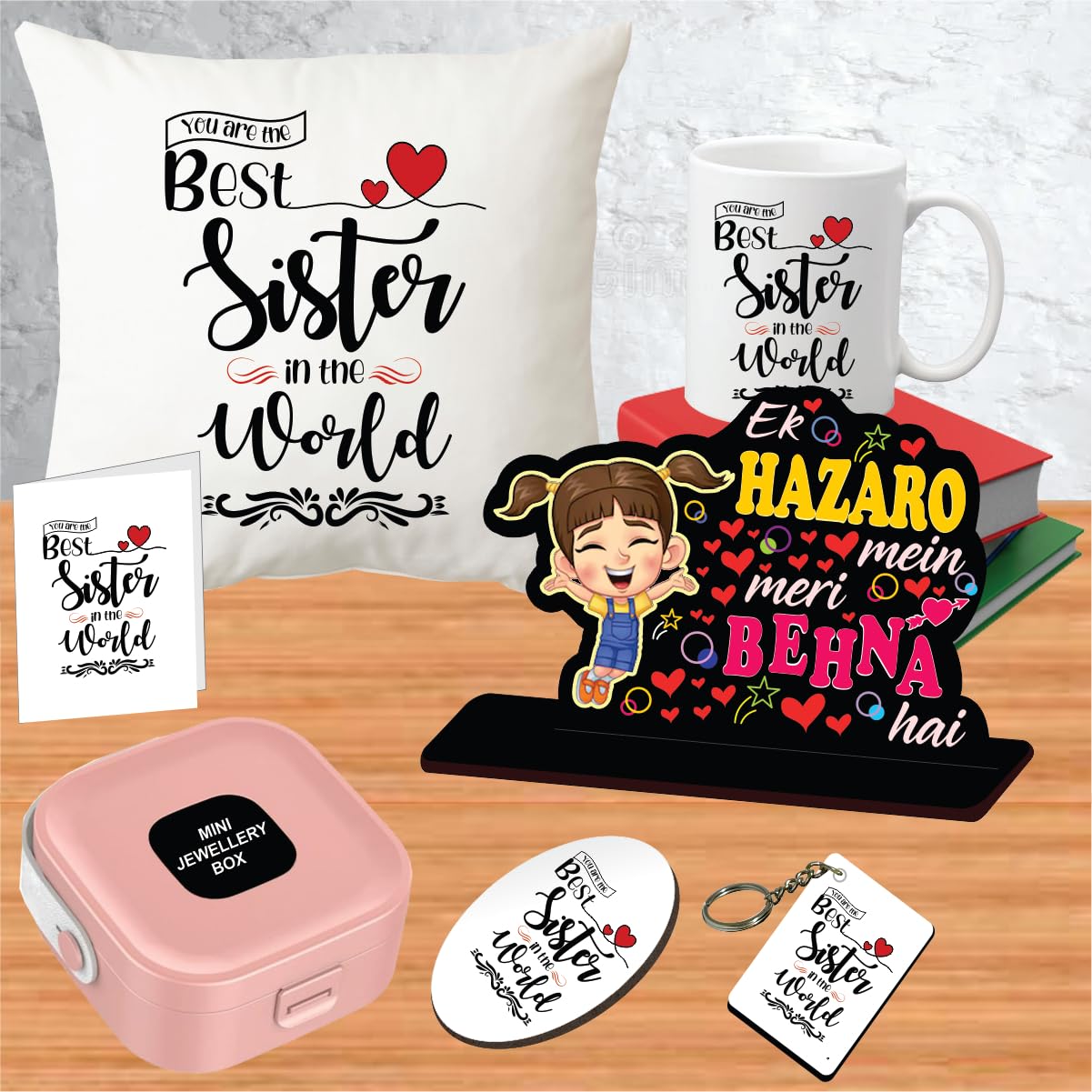 PICRAZEE Birthday Gift for Sister - Complete Set with 12” Cushion+Filler, Coffee Mug, Keyring, Fridge Magnet, Table Plaque & Mini Jewelry Box (B0DC4NW5Q8) Amazon Price History, Amazon Price Tracker