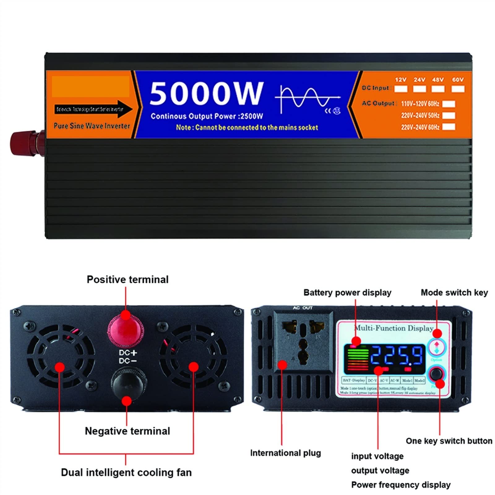 Przetwornica Napięcia, Czysta fala sinusoidalna przetwornica DC 12V/24V/48V/60V do AC 2000W 3000W 4000W 5000W transformator napięcia falownik solarny LCD(3000w,24V)