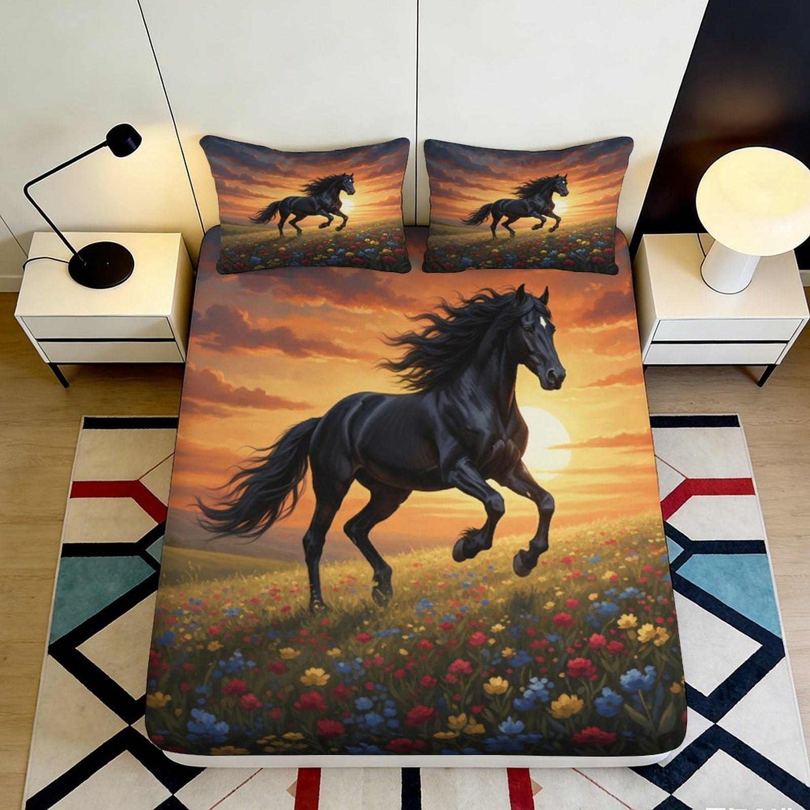 Uynsixtme Style-1 3D Printed Black Horse Sunset Fitted Sheet Microfiber Deep Pocket Non-Slip Bedroom Bedding Black Horse Mattress Fitted Cover Washable 200X200x25cm