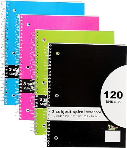 Northland Wholesale 4-Pack 10" x 8" 3 Subject Spiral Notebook, College Ruled, 120 Sheets per
